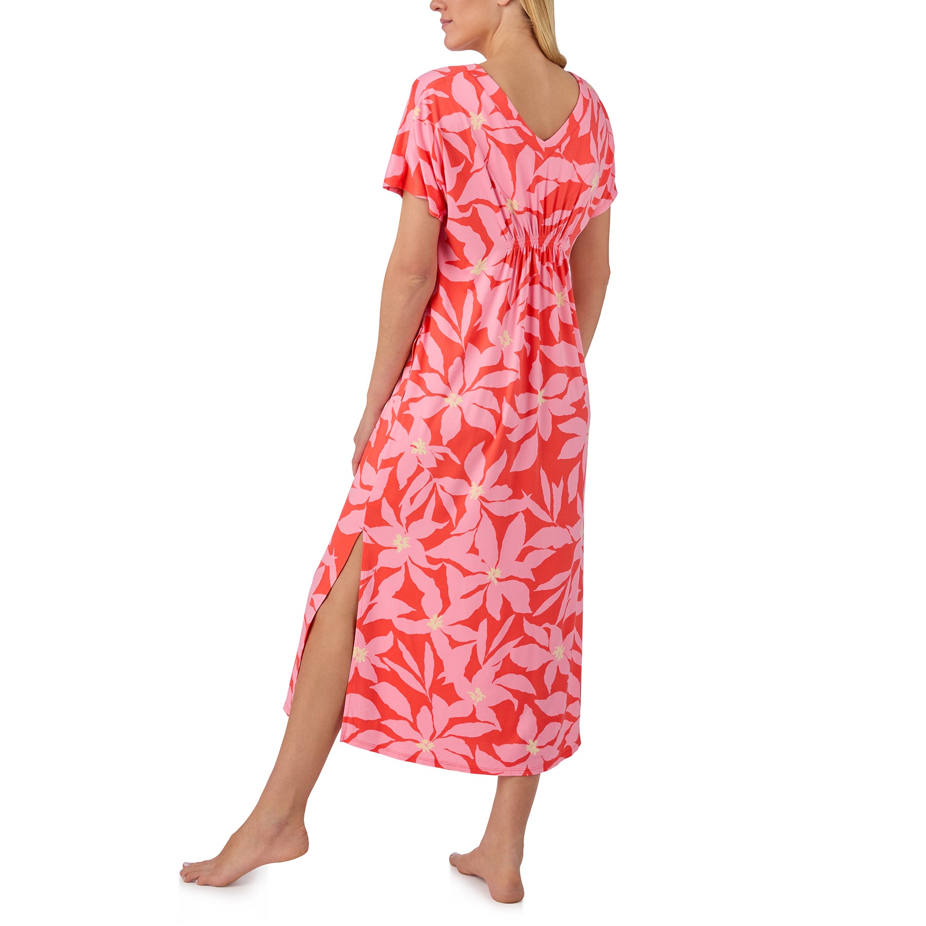 Back view of coral floral lounge dress with V-back neckline, side slit, and soft relaxed fit
