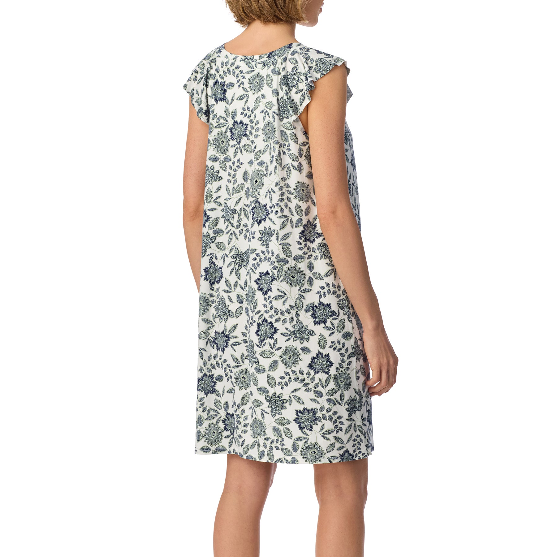 Back view of a white floral nightgown with blue botanical motifs, flutter sleeves, and an easy-fitting silhouette designed for comfortable sleep and lounging.