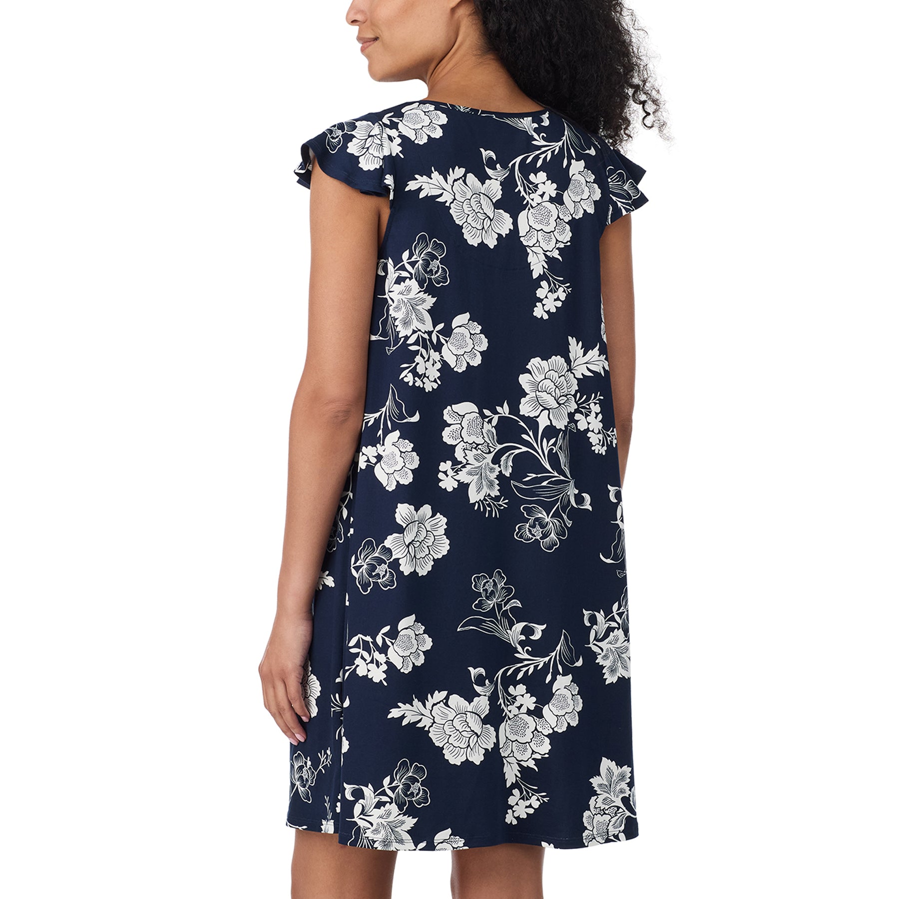 Back view of navy floral short nightgown featuring a white botanical print, relaxed silhouette and flutter sleeves.
