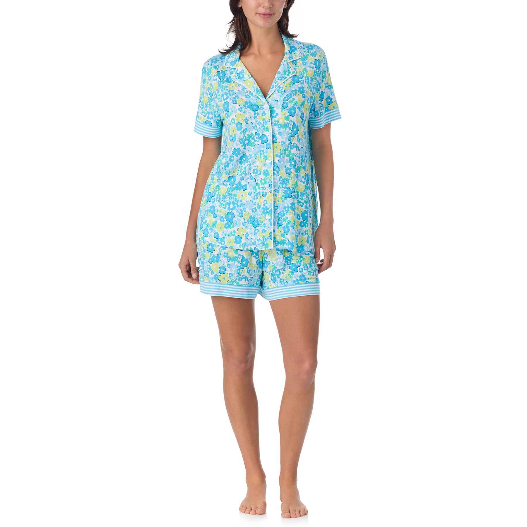 Lightweight floral sleepwear set with button-up top and shorts in aqua, blue, and lime tones