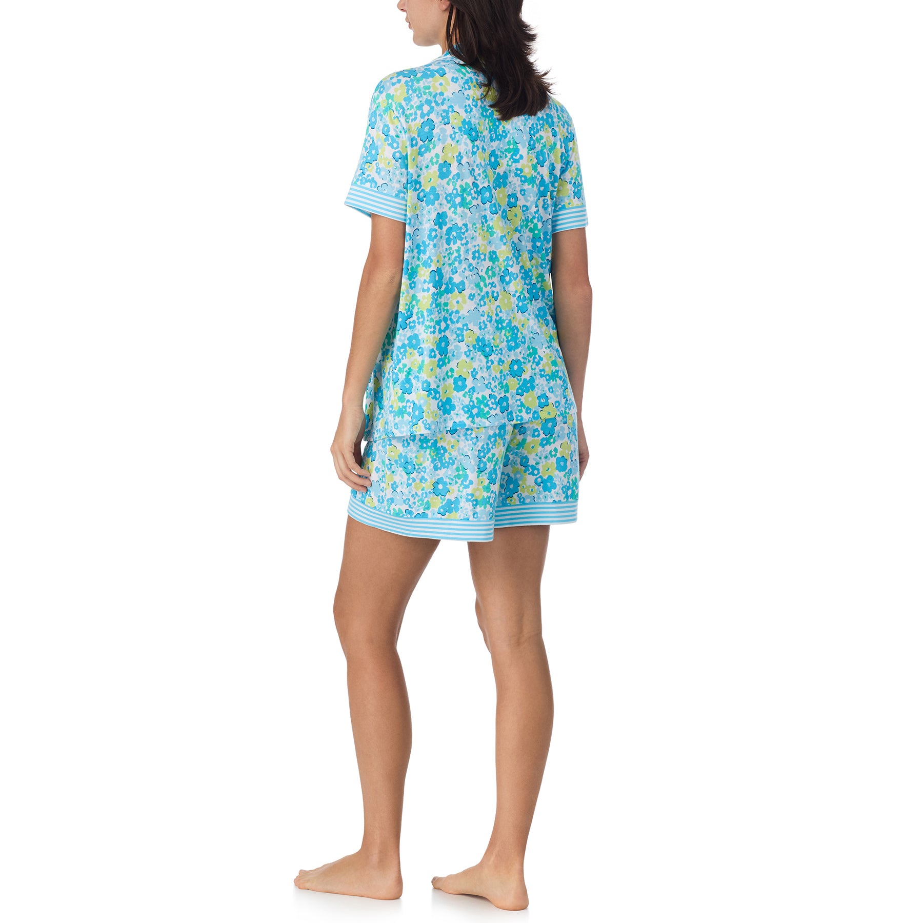 Women’s summer pyjama set with relaxed fit, floral pattern, and contrast striped hem detail