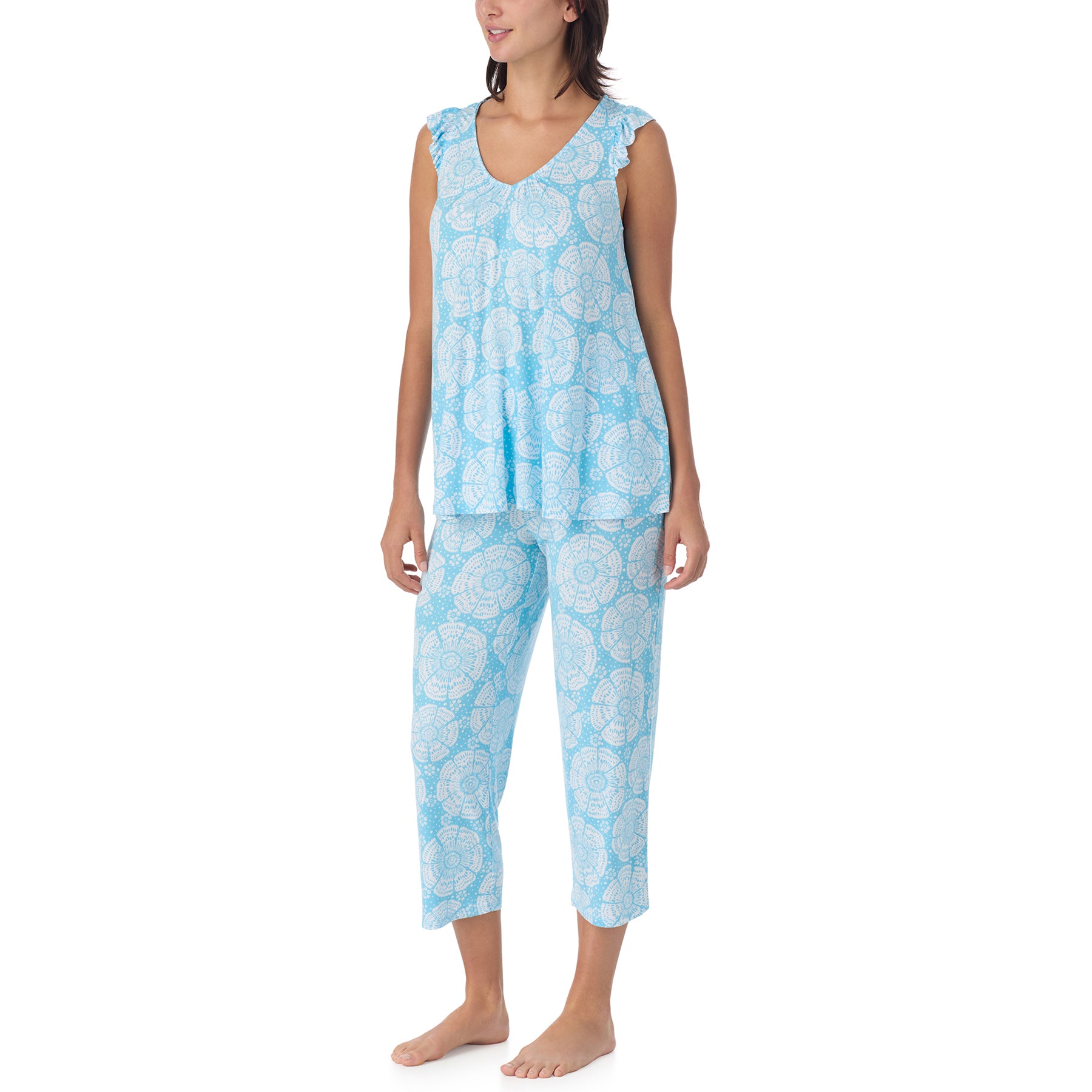 Women’s summer sleepwear set with relaxed fit, breathable fabric, and white lace-inspired floral print