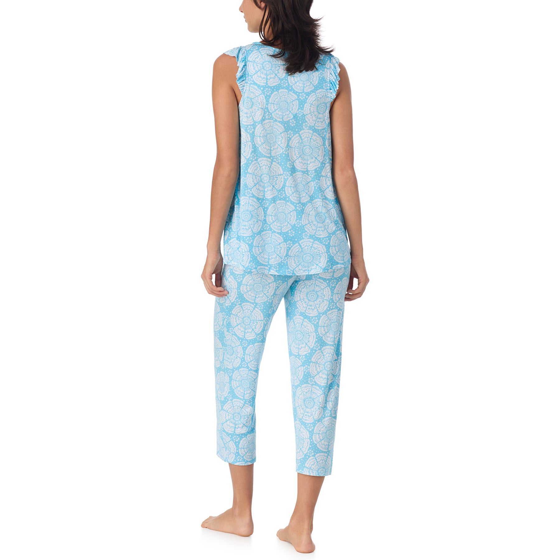 Back view of blue floral pyjama set with sleeveless top and cropped pants for comfortable lounging