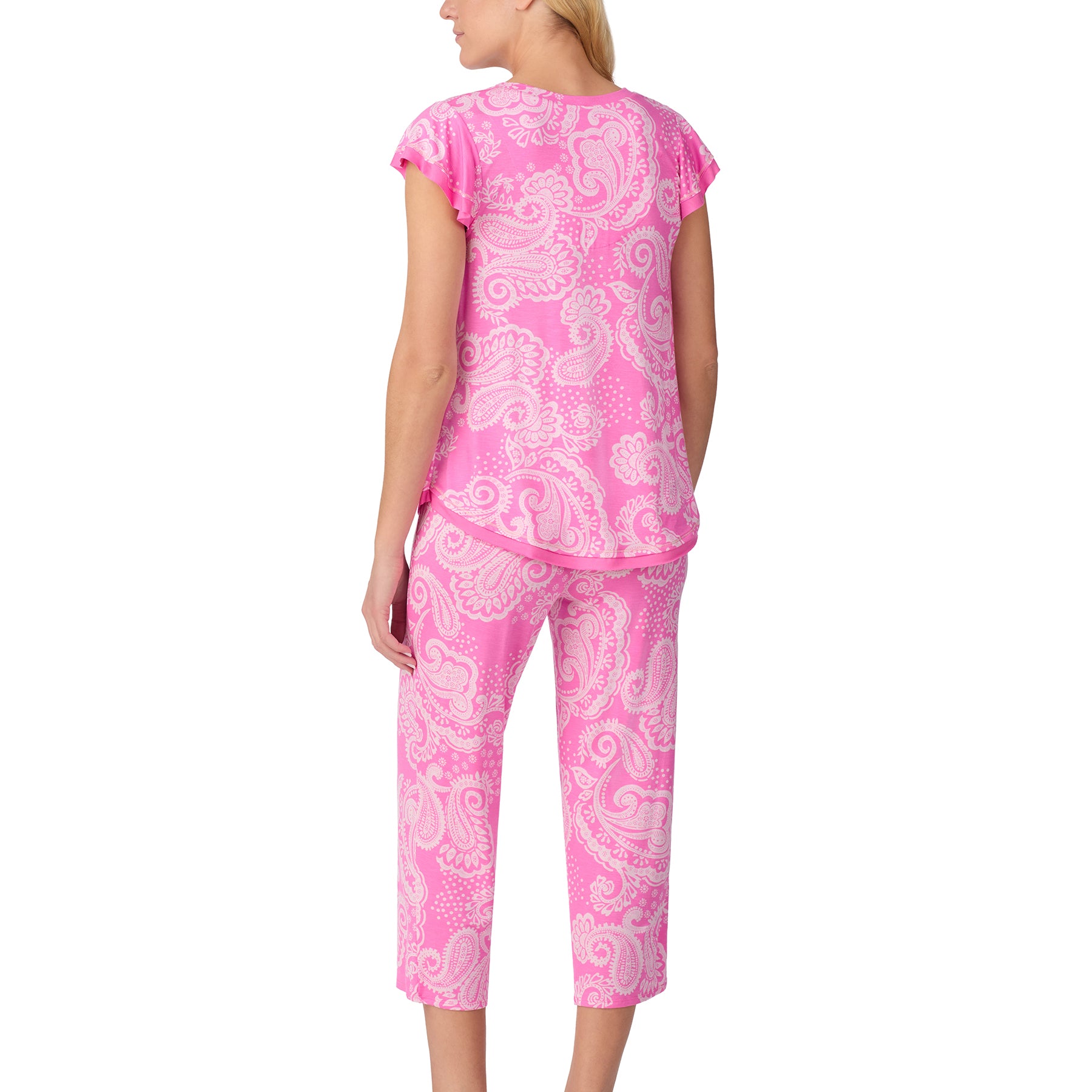 Back view of the pink paisley pyjama set showing the relaxed fit top and matching capri pants.