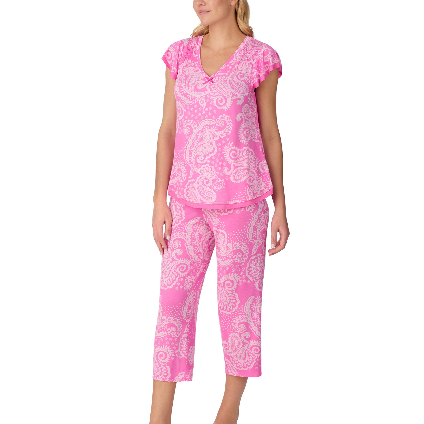 Front view of the pink paisley pyjama set with short-sleeve top and coordinating capri pants.