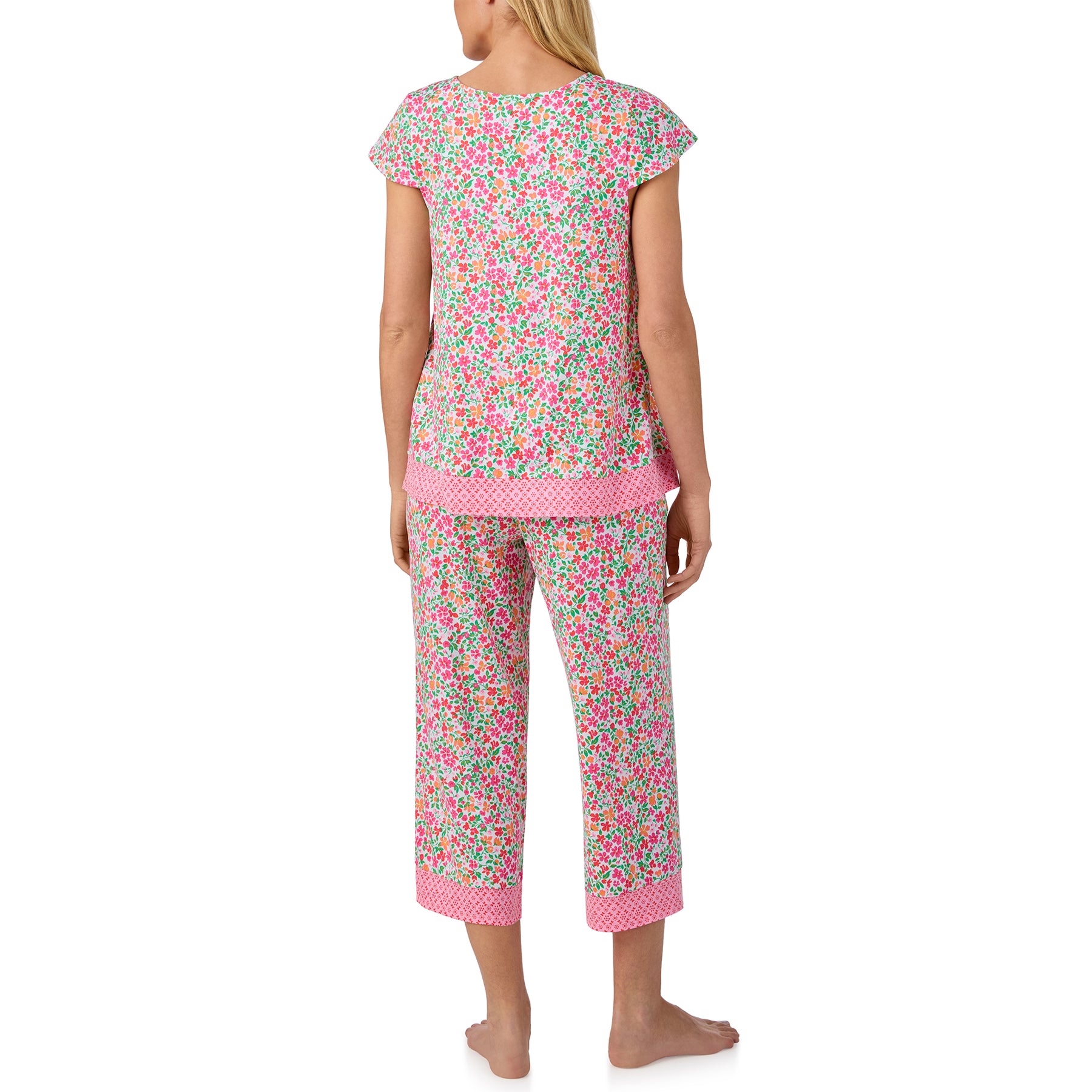 Back view of Ellen Tracy floral cropped pajama set with all-over pink floral print and coordinating border trim details.