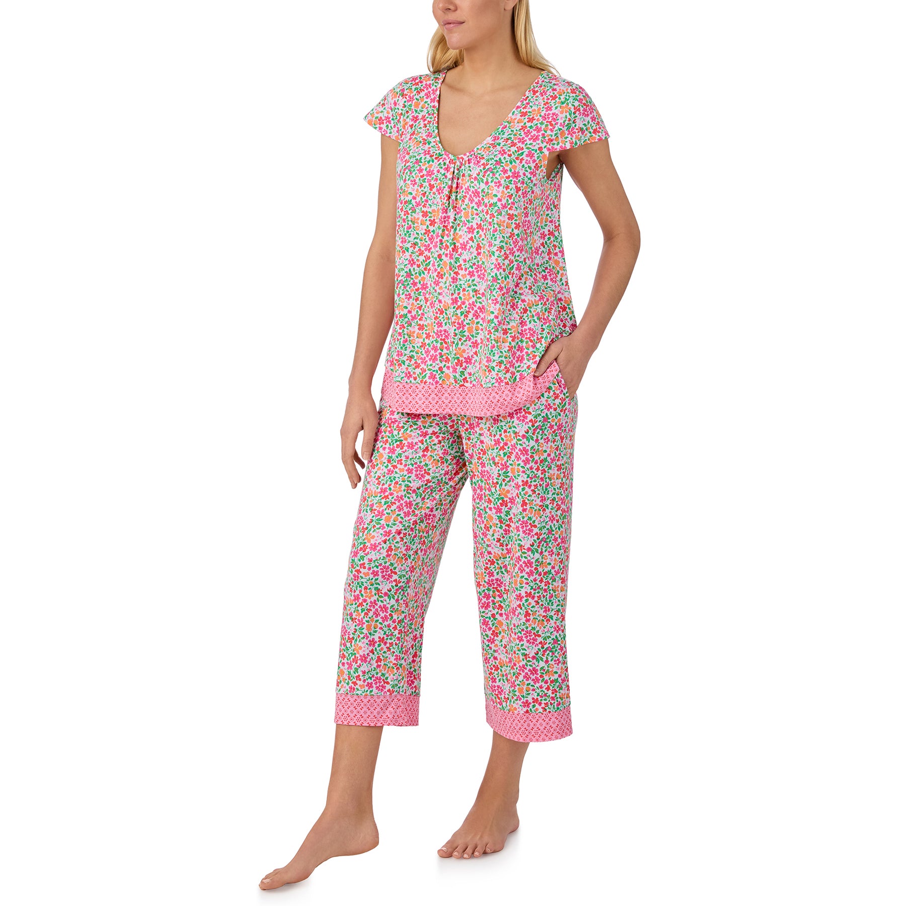 Ellen Tracy women's floral sleepwear set with relaxed short-sleeve top, cropped pants, and colourful garden-inspired print.