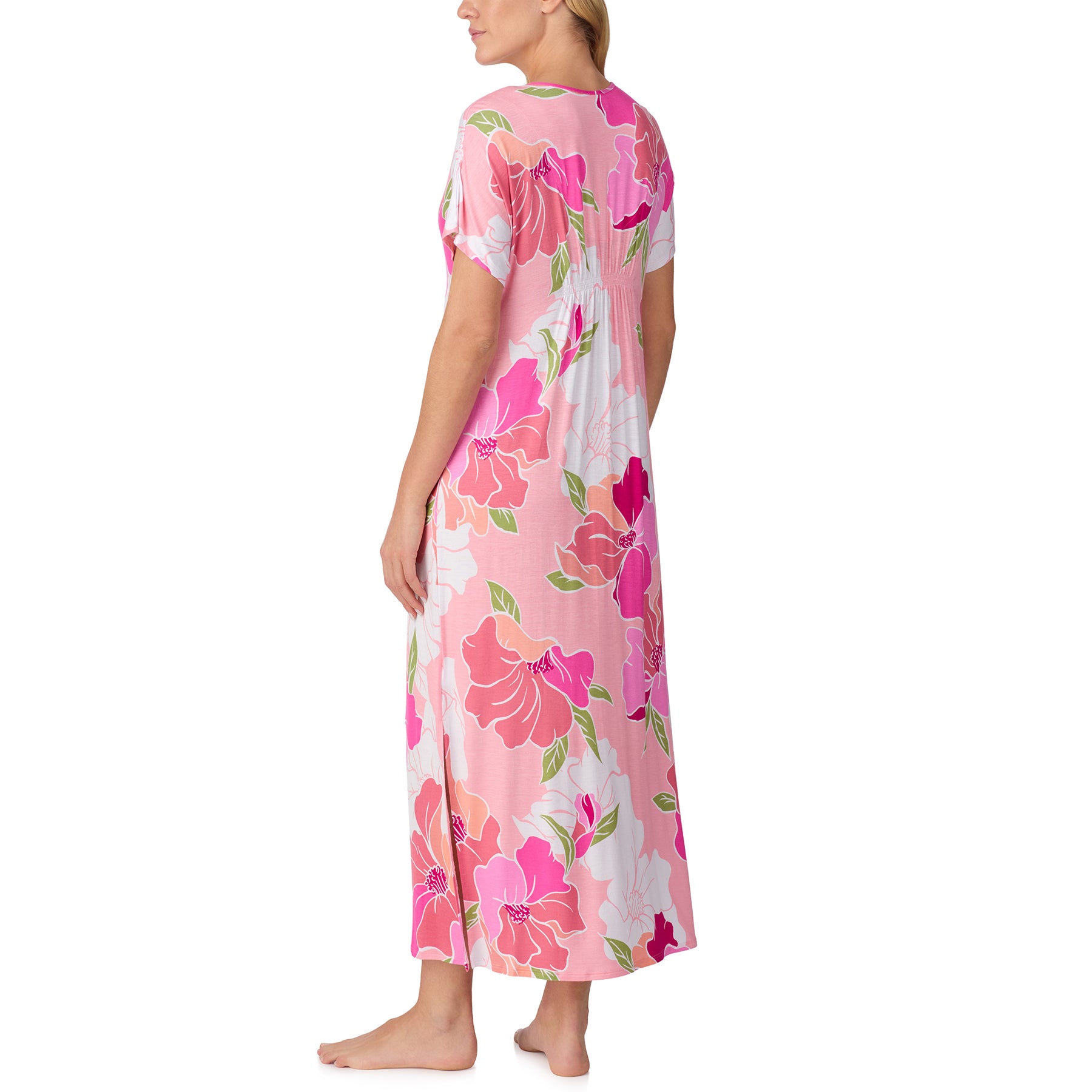 Back view of the pink floral full-length nightdress showing the flowing silhouette and relaxed short sleeves.