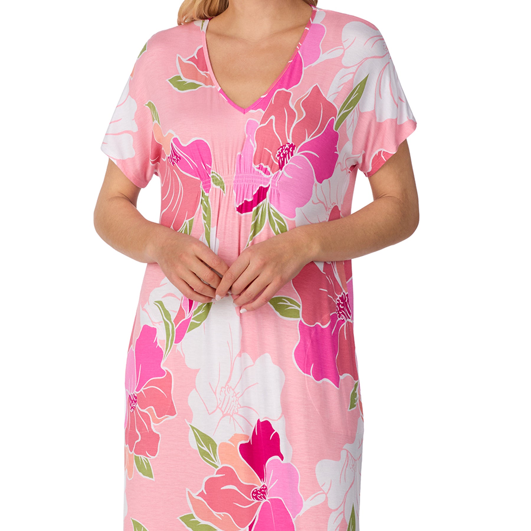 Front view of a pink floral maxi nightdress featuring a V-neckline and elegant, flowing fit.