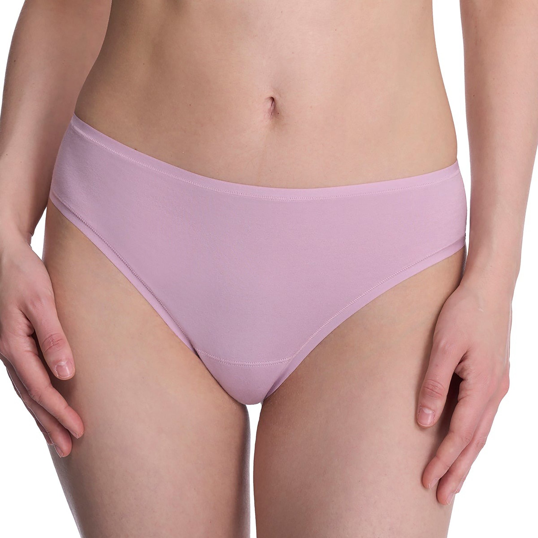 Seamless pima cotton mid-rise thong in rose mist dusty rose purple. Front view close up on model.