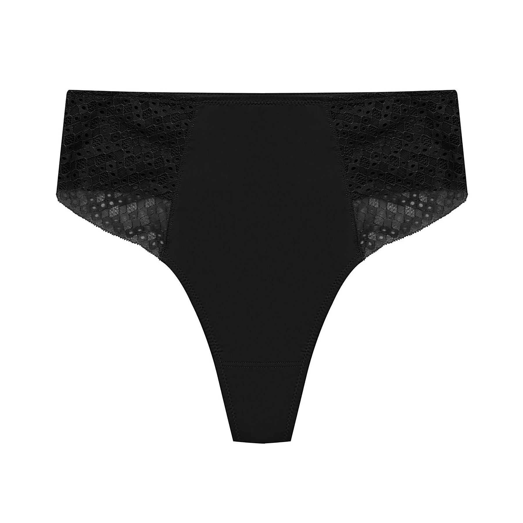 Flat lay of Natori Harmony High Rise Thong in Black – high-rise thong with lace panels