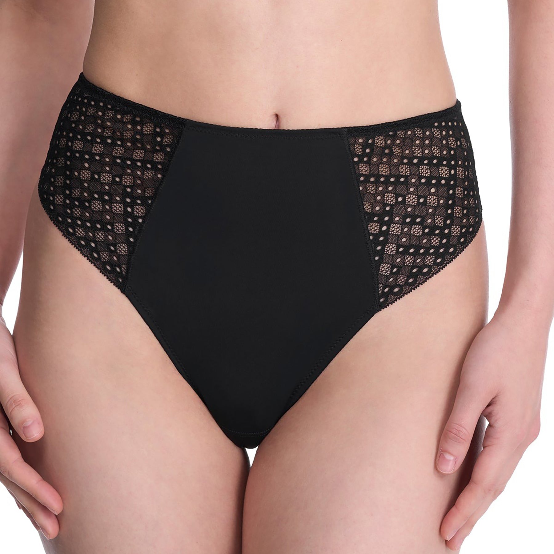 Natori Harmony High Rise Thong in Black – high-rise thong with geometric lace sides on model