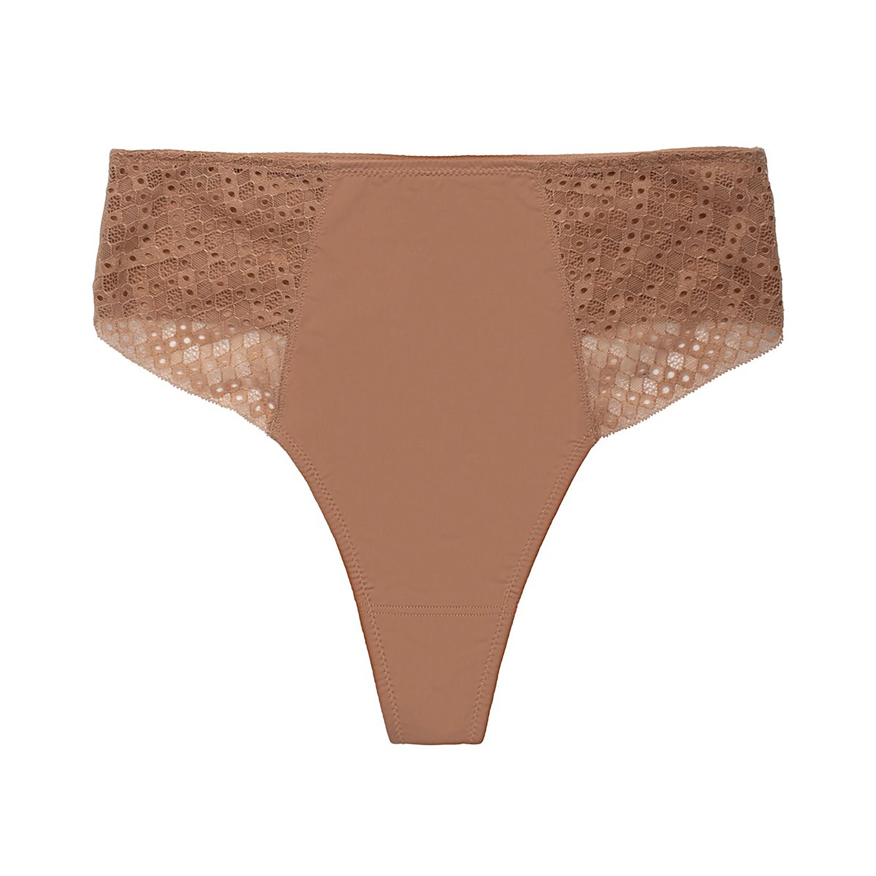 Flat lay of Natori Harmony High Rise Thong in Buff – high-rise nude thong with lace sides