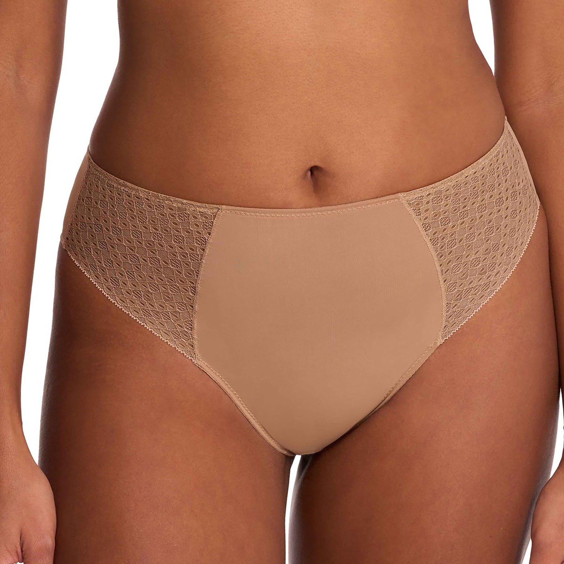 Natori Harmony High Rise Thong in Buff – high-rise nude thong with smooth front panel and lace sides on model