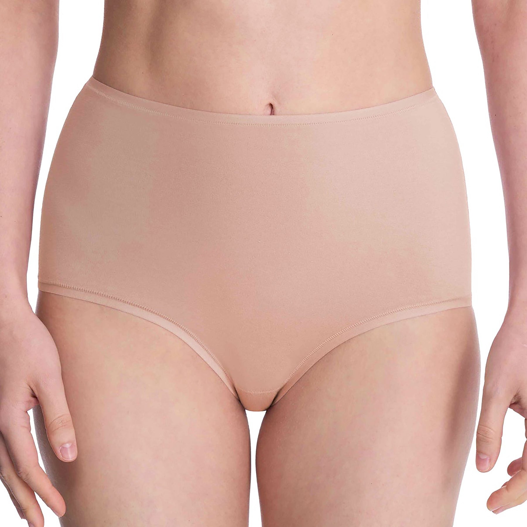 Seamless pima cotton high-rise full brief in cafe nude. Front view close up on model.