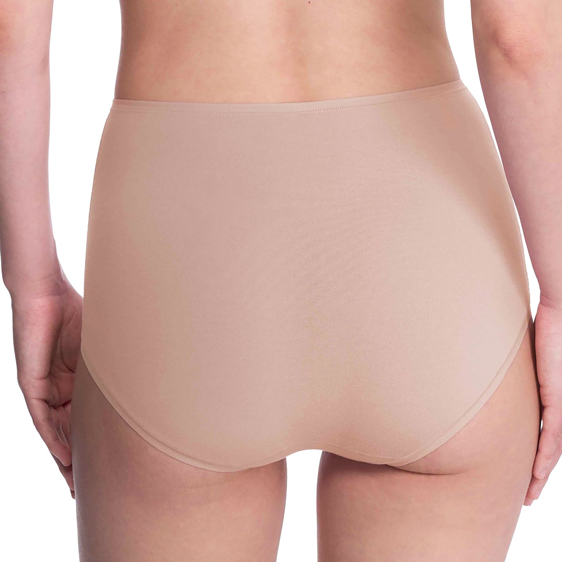 Seamless pima cotton high-rise full brief in cafe nude. Rear view close up on model.