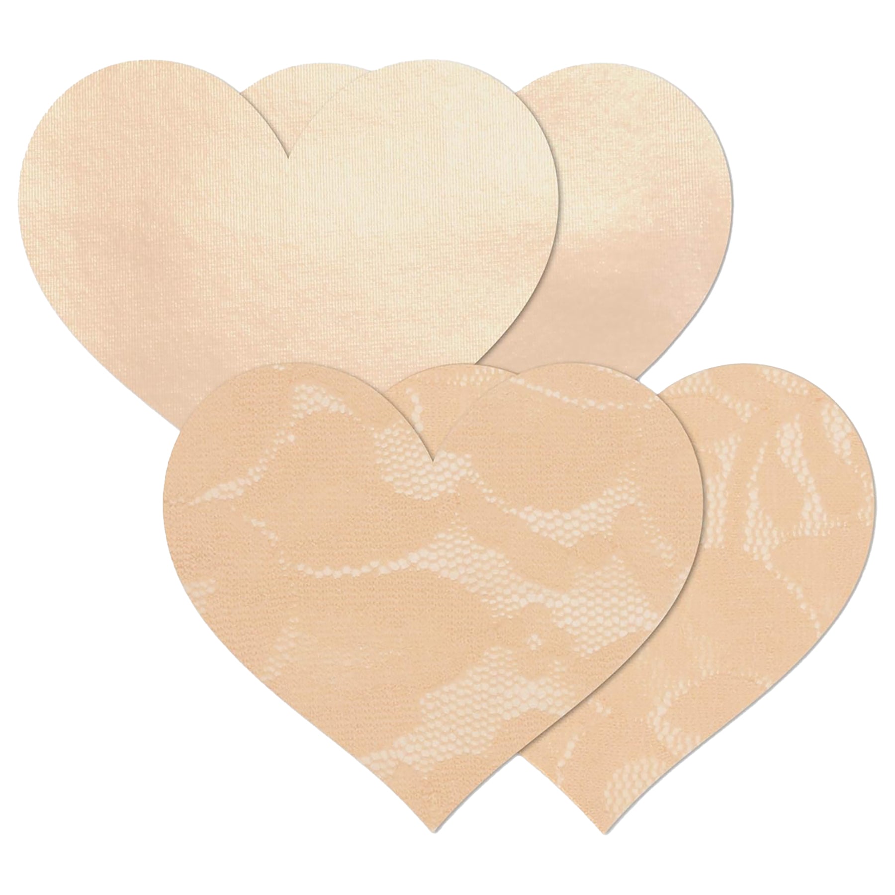 Close-up of four Nippies heart-shaped nipple covers in matte and lace crème finish