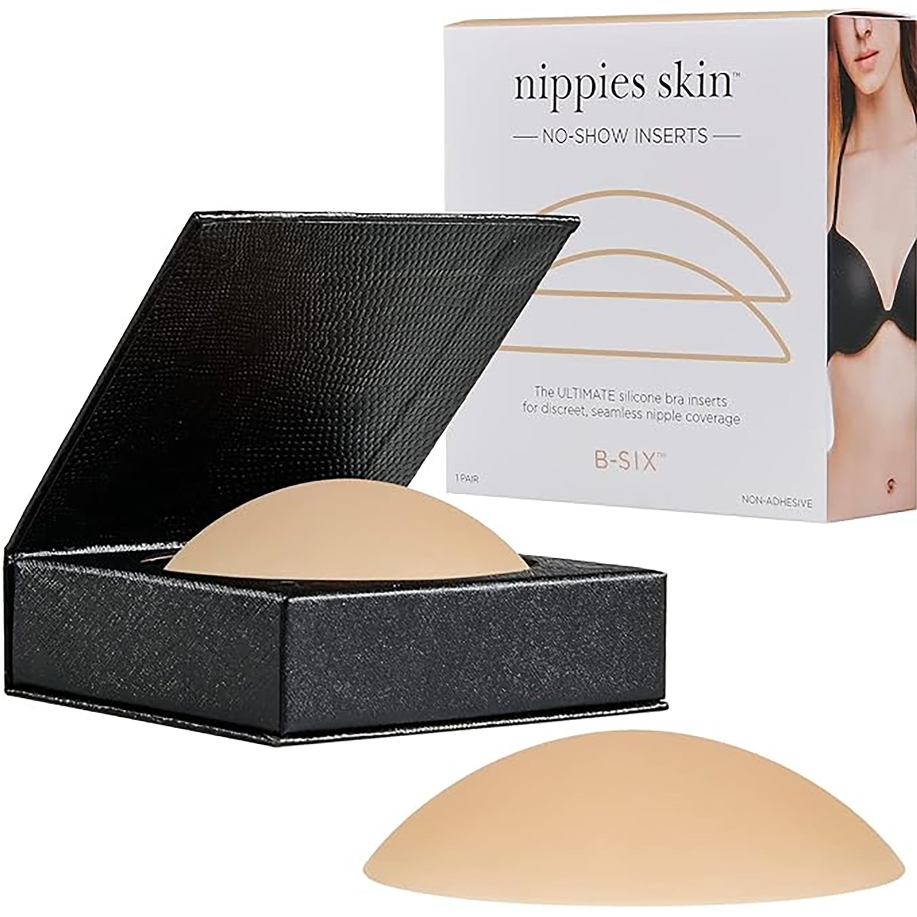 Nippies Skin non-adhesive no-show nipple covers in crème with storage box and packaging