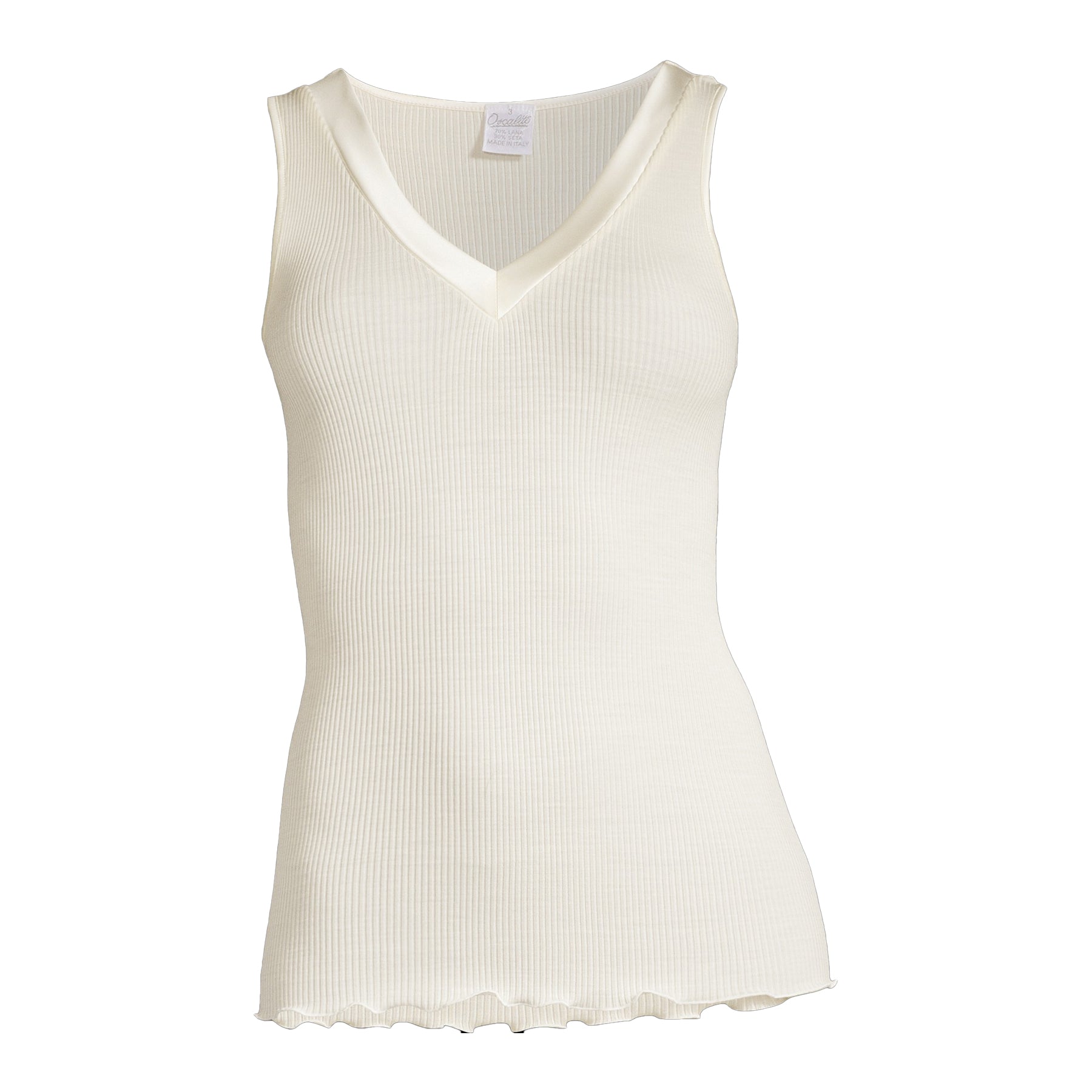 Oscalito 4247 wool silk ribbed tank in champagne (012) with satin neckline detail