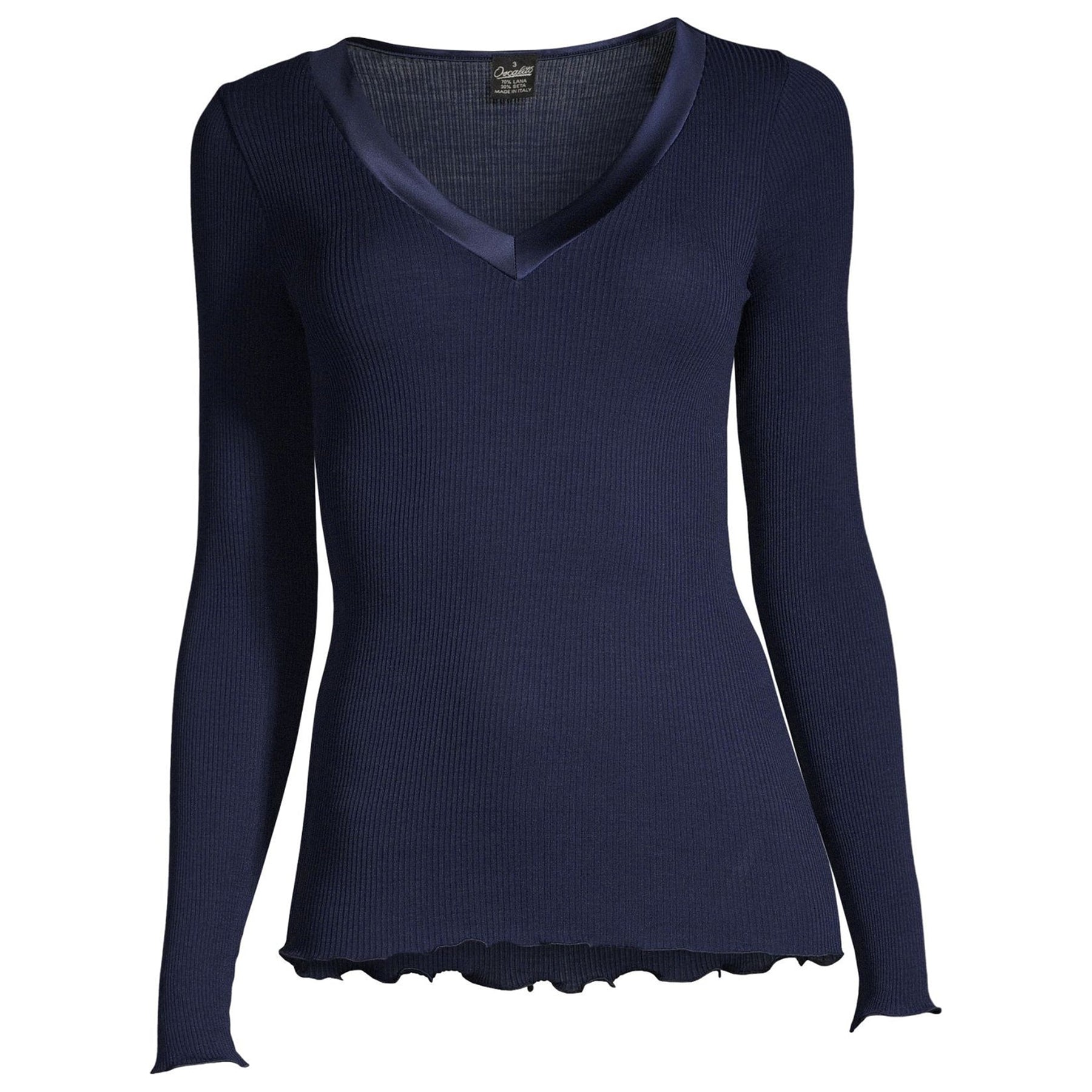 Oscalito 4248 long sleeve ribbed top with satin V-neck trim in bleu marine (474) – front view
