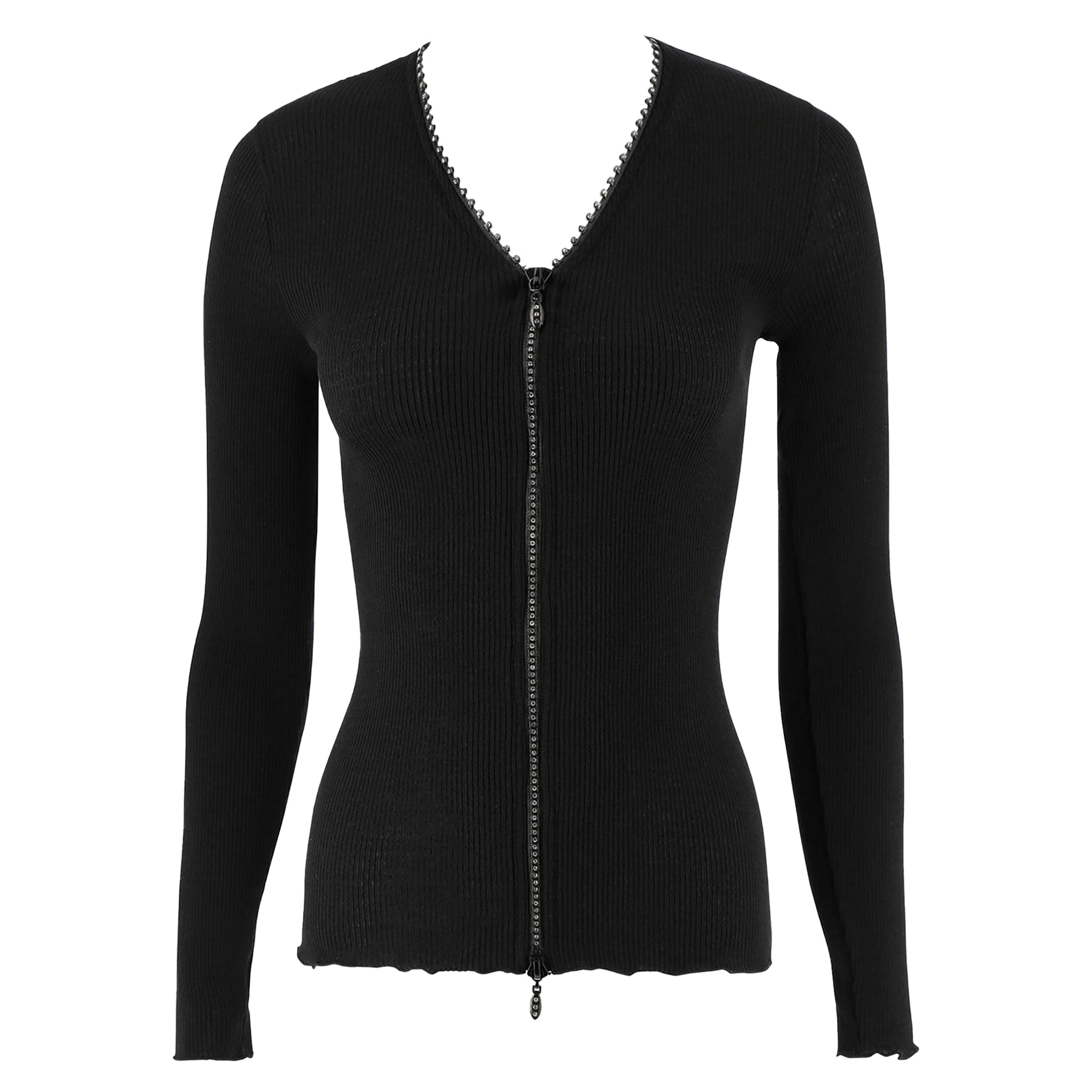 Long sleeve wool and silk blend ribbed top with zipper and rhinestone neck detail in black. No model.