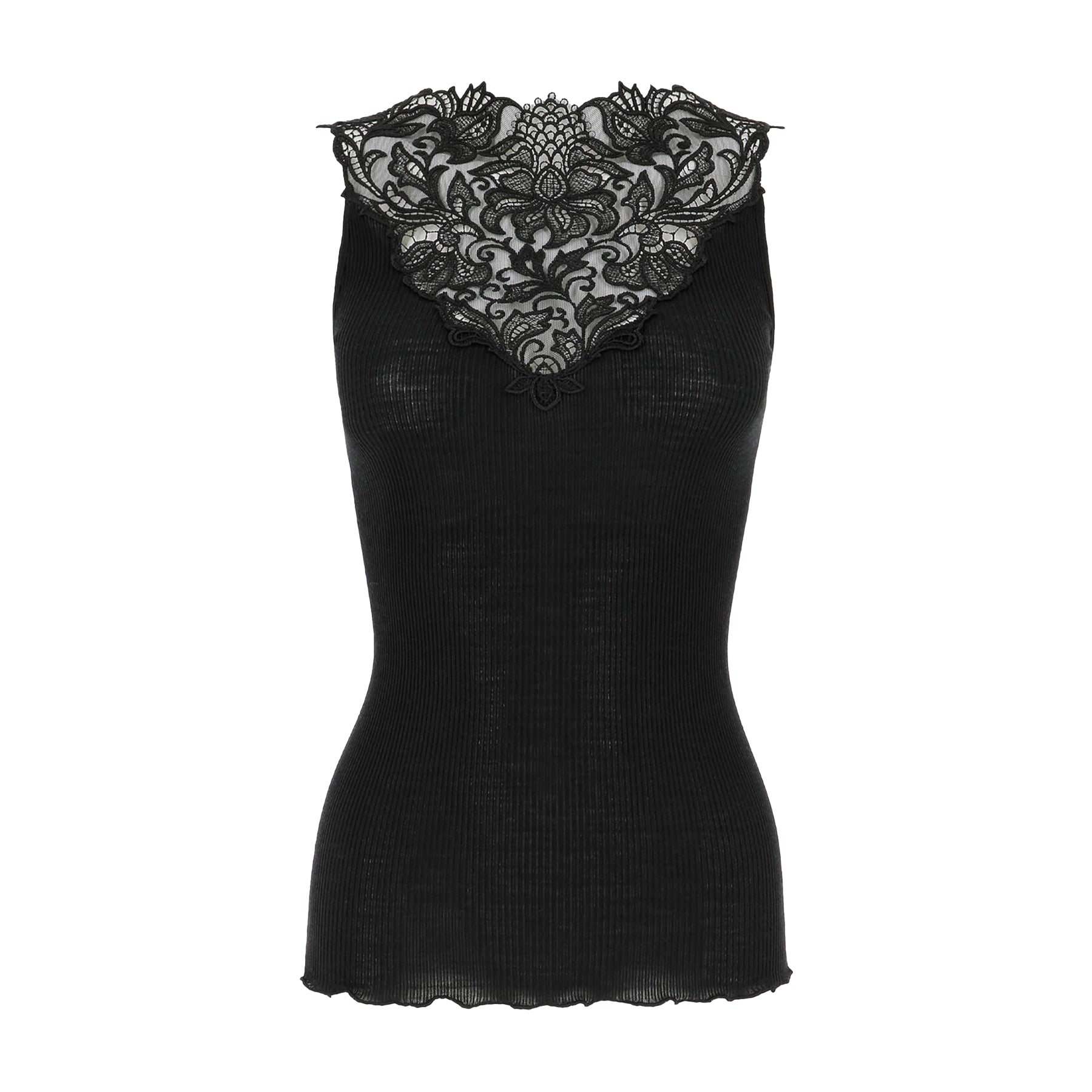 Sleeveless ribbed knit top in black made of wool and silk with Guipure lace embroidered neckline. No model.