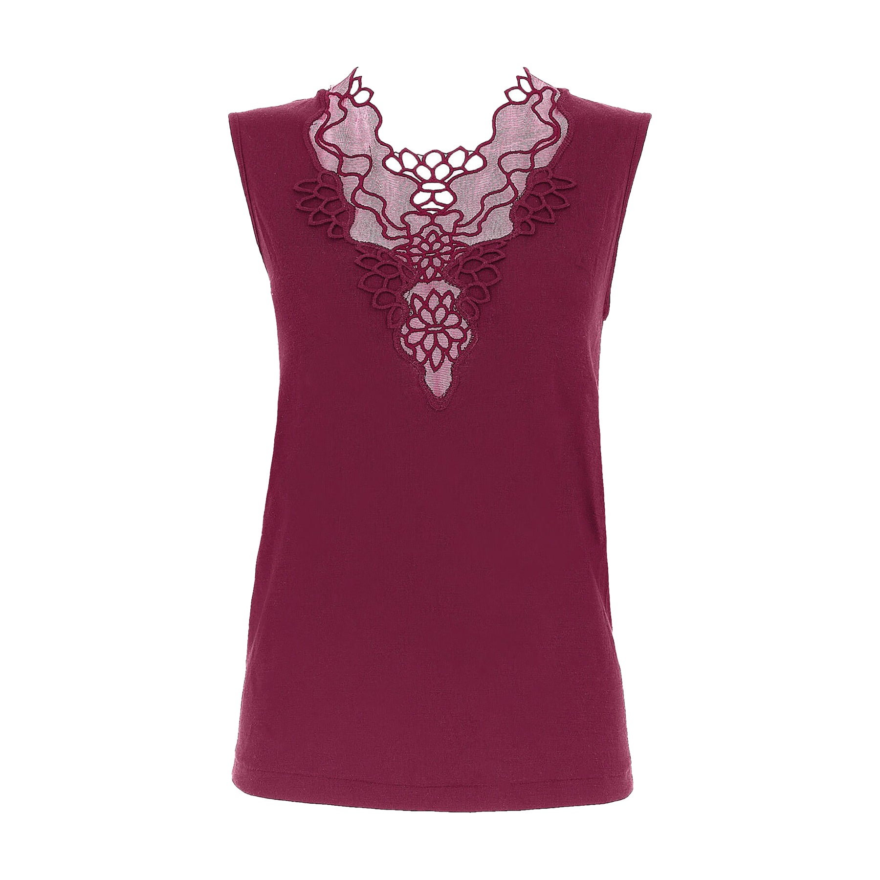 Sleeveless knit top in burgundy sangria made of wool and silk with Guipure lace embroidered neckline. No model front view.