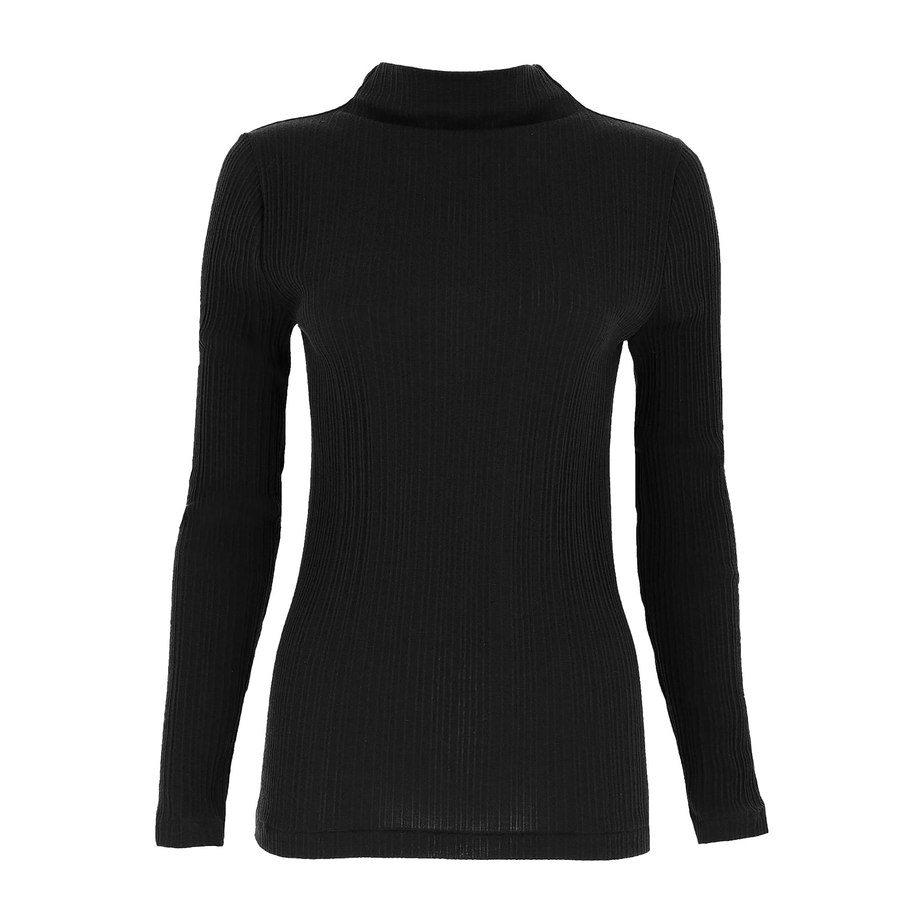 long sleeve ribbed funnel neck top in black made of wool and silk. Front view no model.