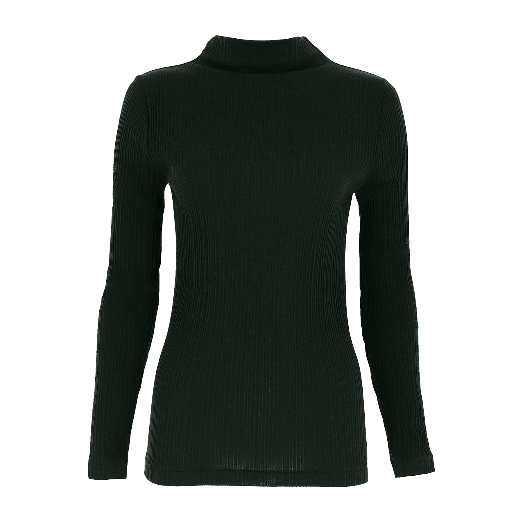 long sleeve ribbed funnel neck top in bosco dark green made of wool and silk. Front view no model.