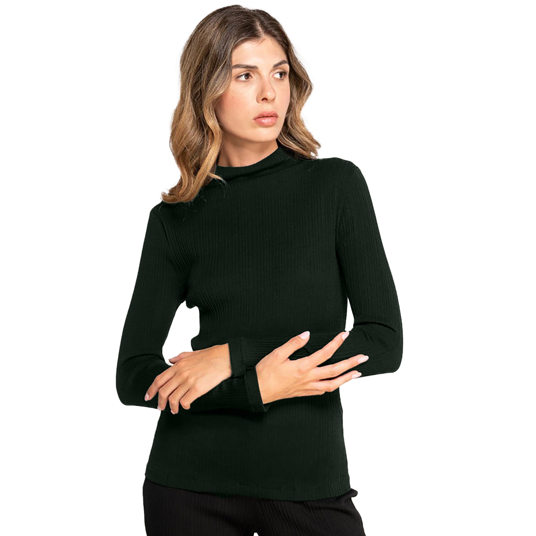 long sleeve ribbed funnel neck top in bosco dark green made of wool and silk. Front view on model.