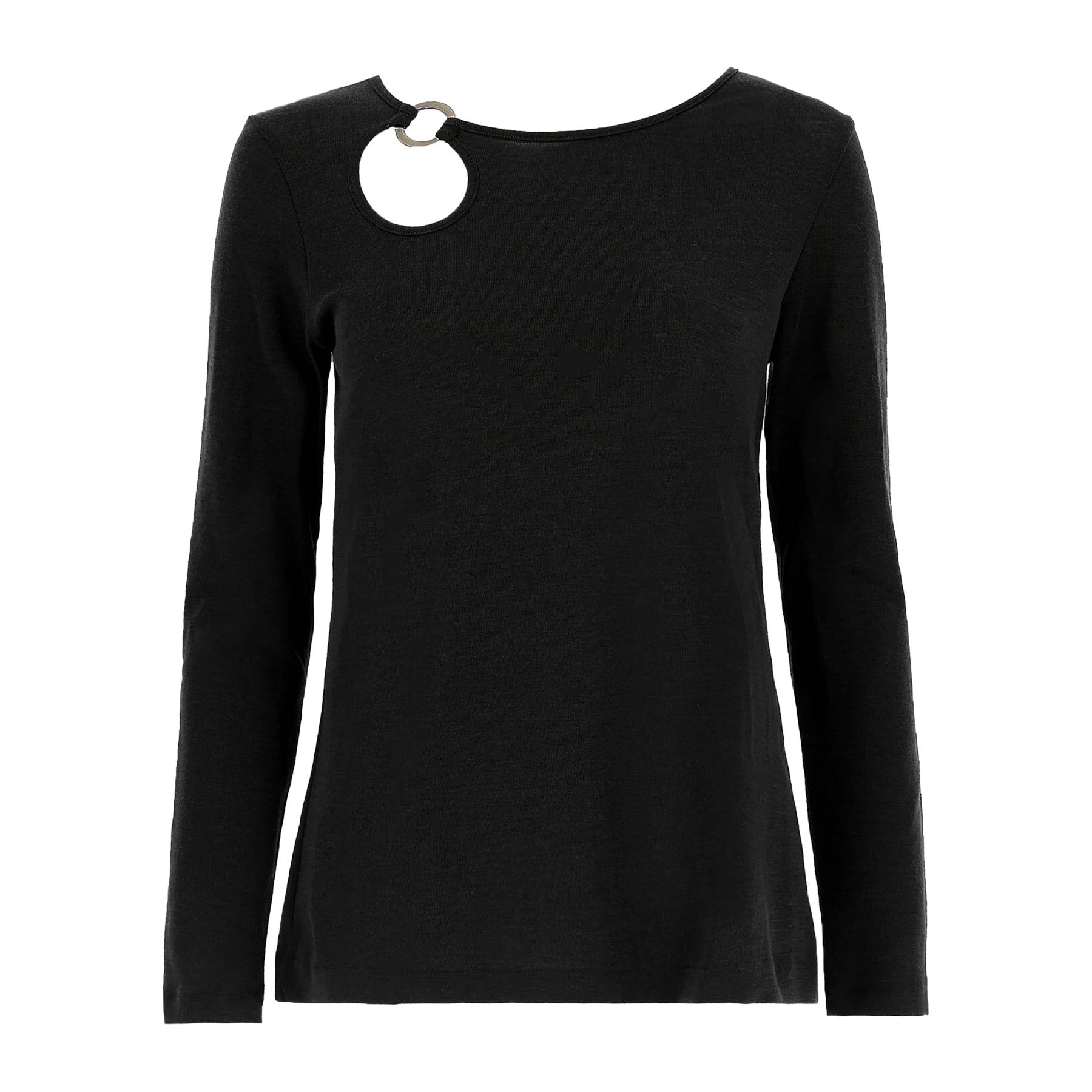 Long sleeve round neck top with keyhole silver metal ring at neckline in black. No model.