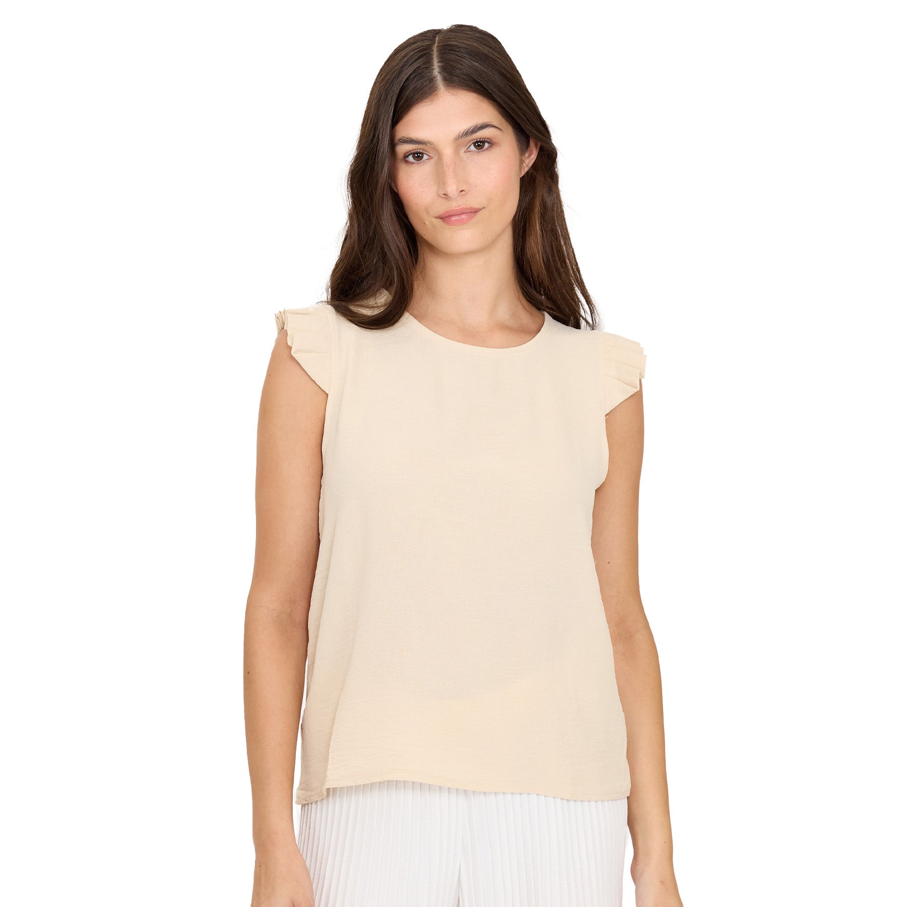 Woman wearing beige sleeveless viscose top with soft ruffled cap sleeves and round neckline