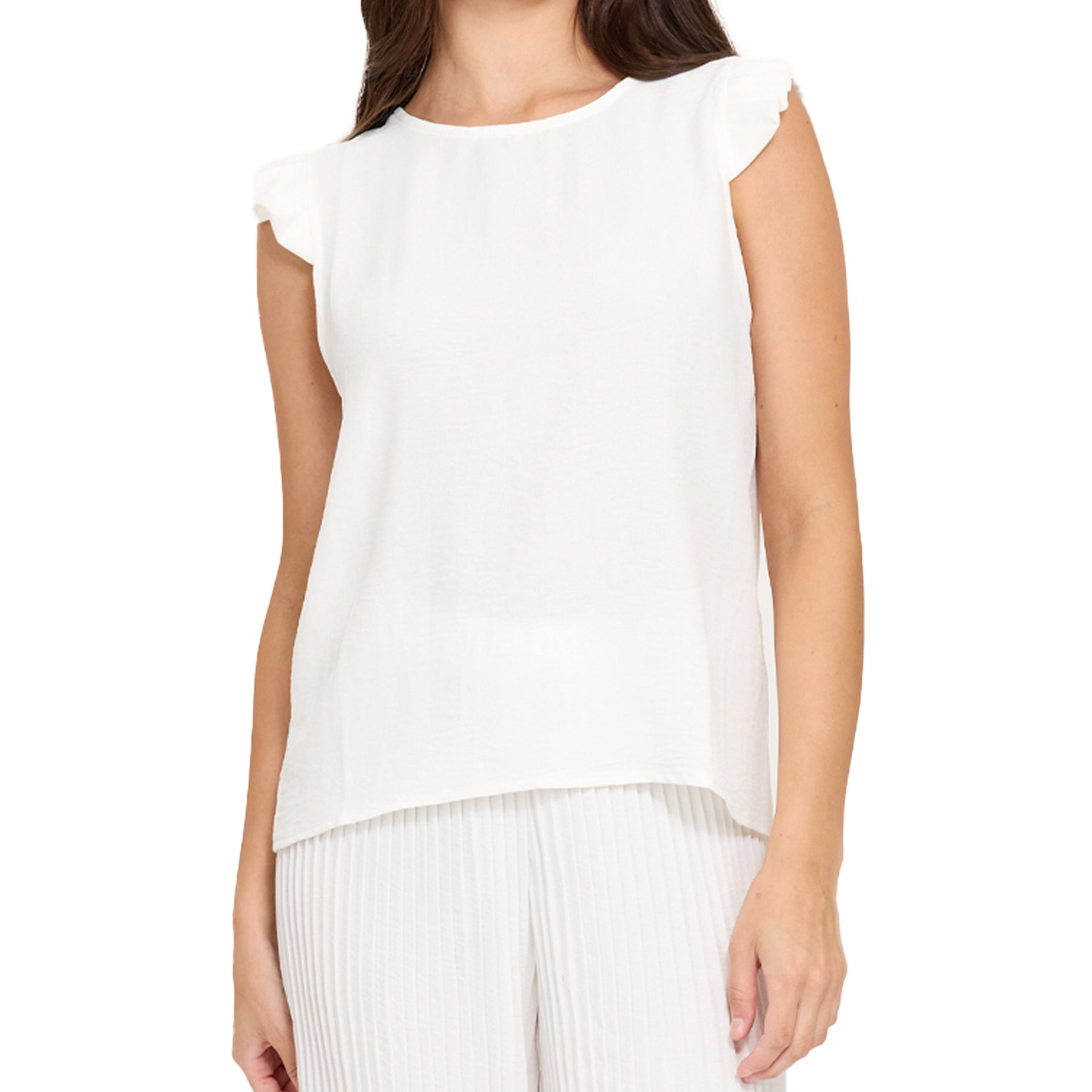 Close-up of cream viscose sleeveless top with delicate layered ruffle cap sleeves