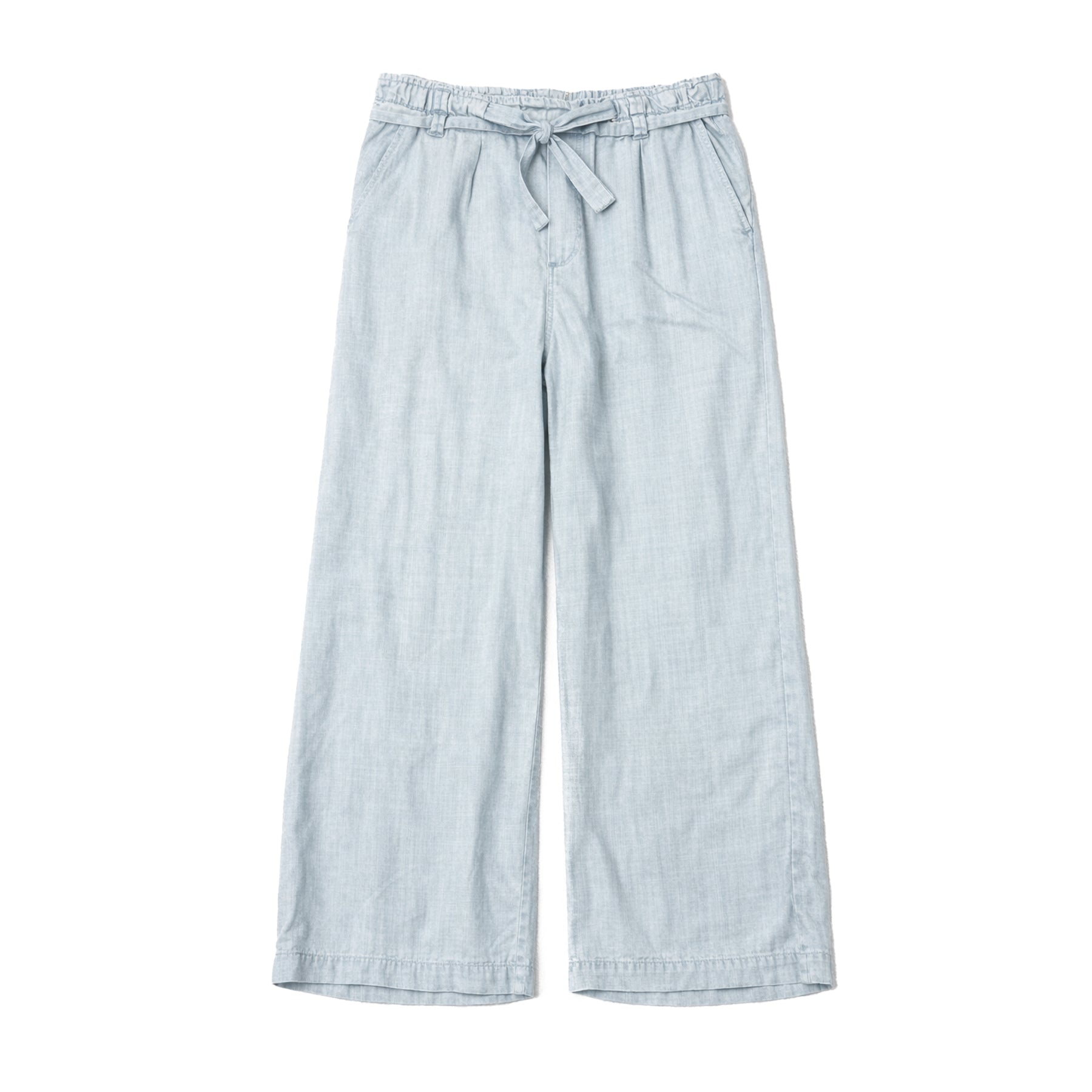 Light blue chambray wide-leg pants with elastic waistband, adjustable tie belt, and relaxed flowy silhouette on a white background.