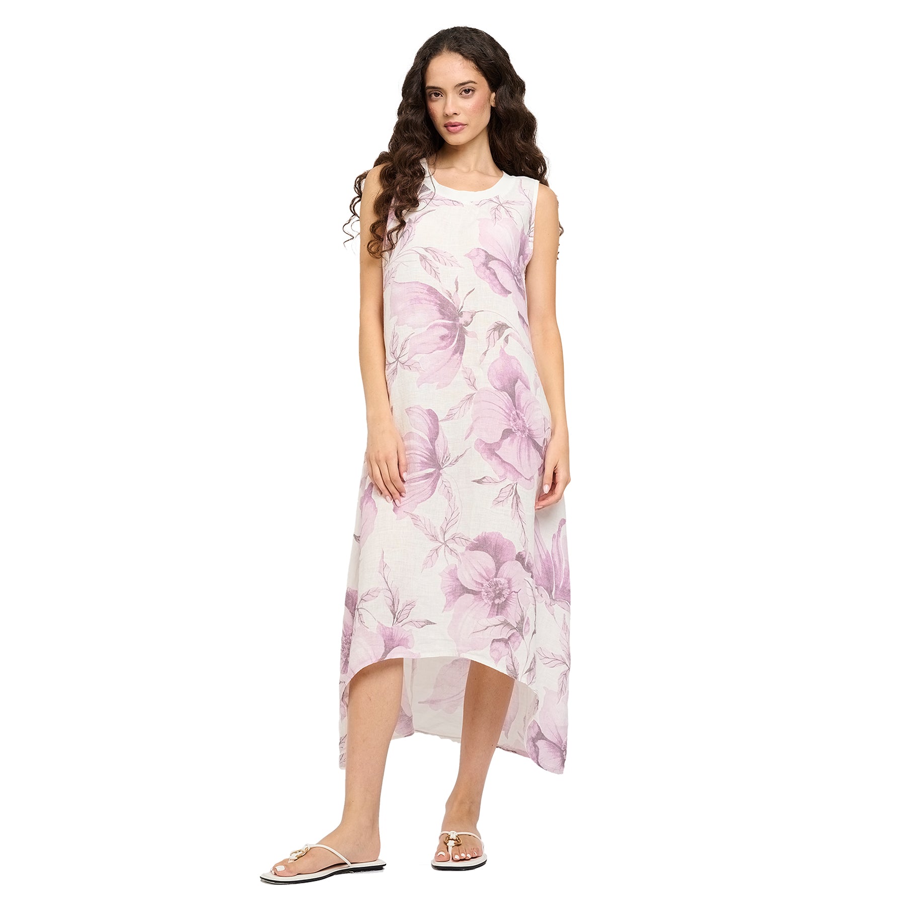 Sleeveless lilac purple Floral Printed linen Dress on a white background with High/Low Hem. Front view on model.