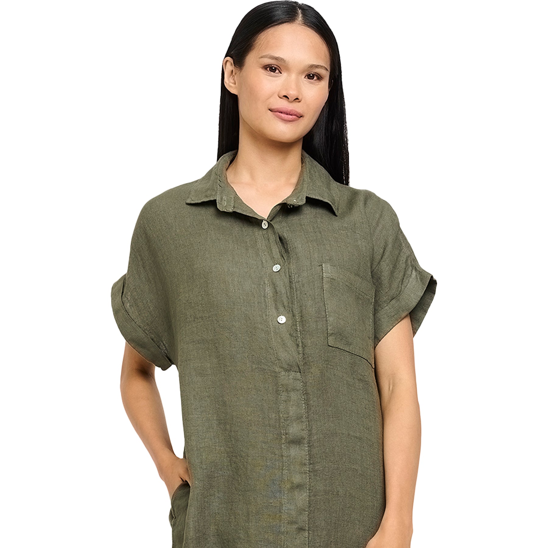Woman wearing a short-sleeve collared shirt dress in olive green linen with front buttons and chest pocket - relaxed summer look.