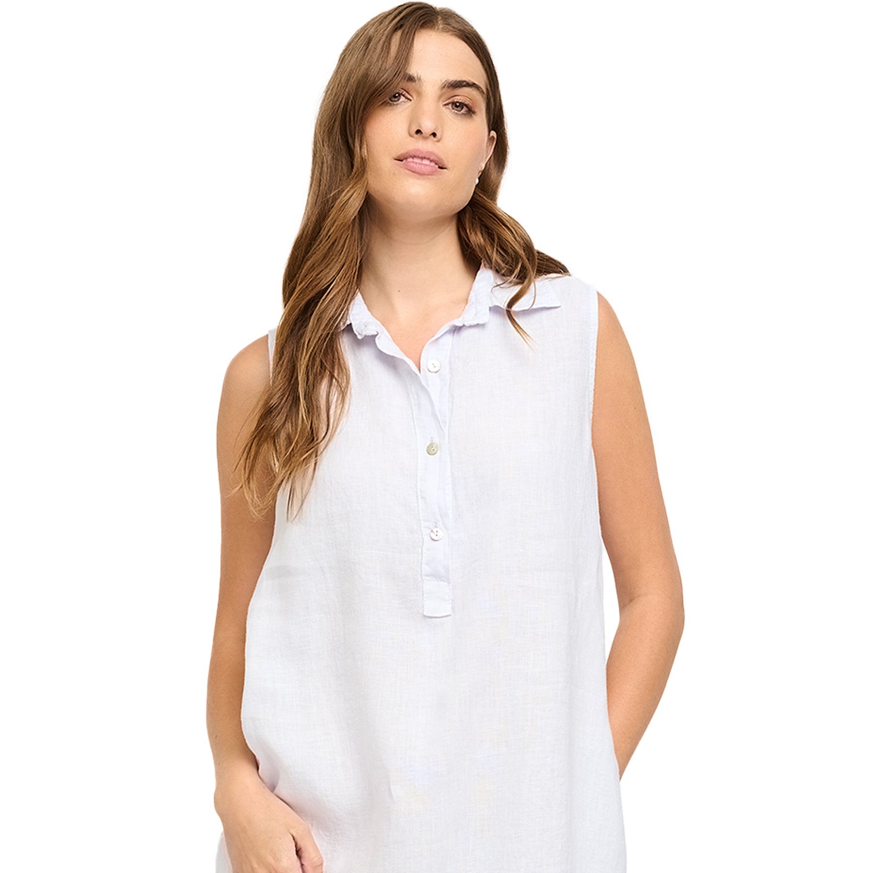 Close-up of woman wearing a sleeveless button-up linen dress in light powder blue with a collared neckline - soft and airy summer look.