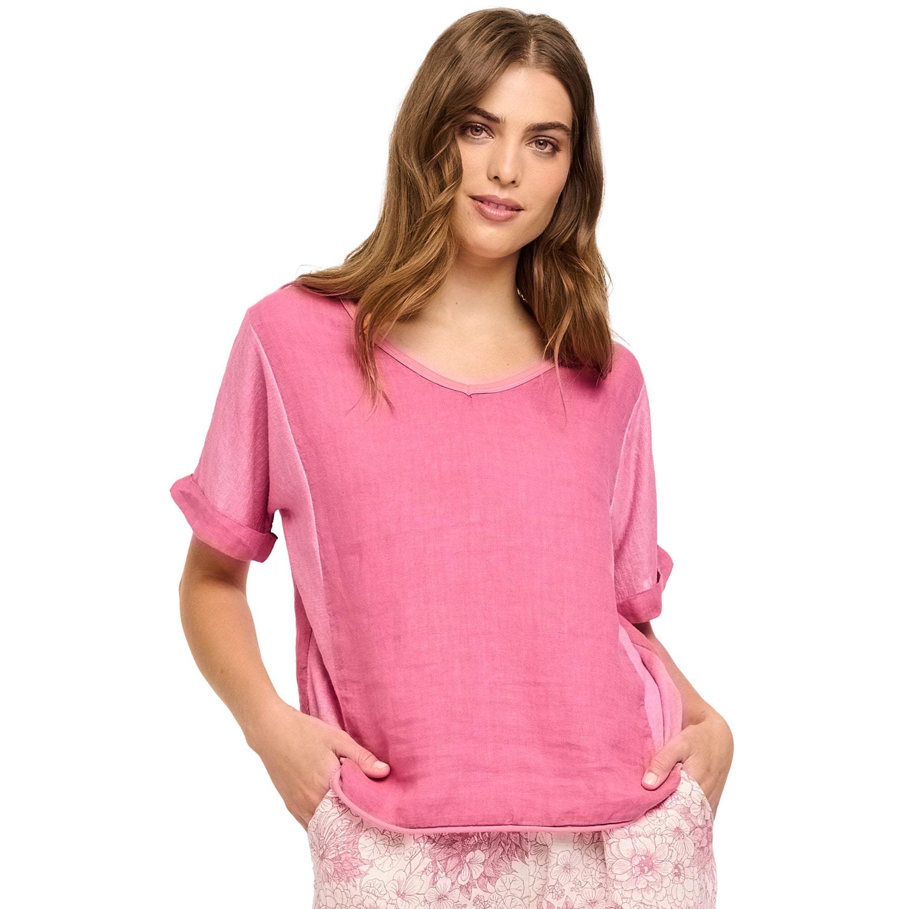 Short sleeve linen and woven top in strawberry pink, front view on model.