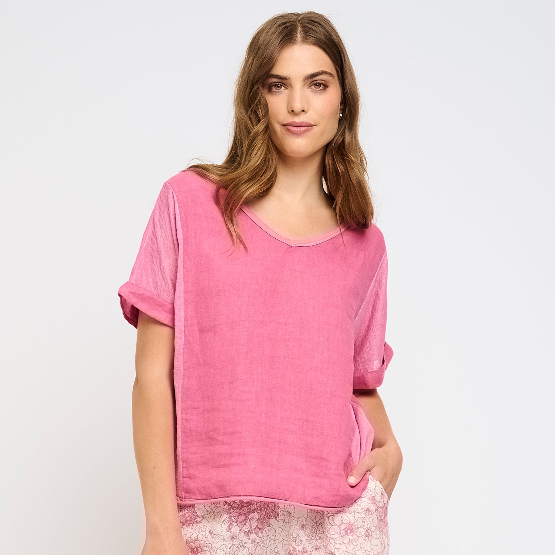 Short sleeve linen and woven top in strawberry pink, front view 2 on model.