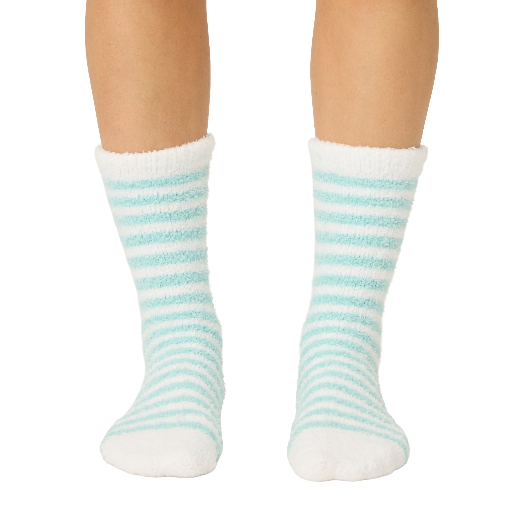 Pair of striped socks with white and light blue pattern on a white background