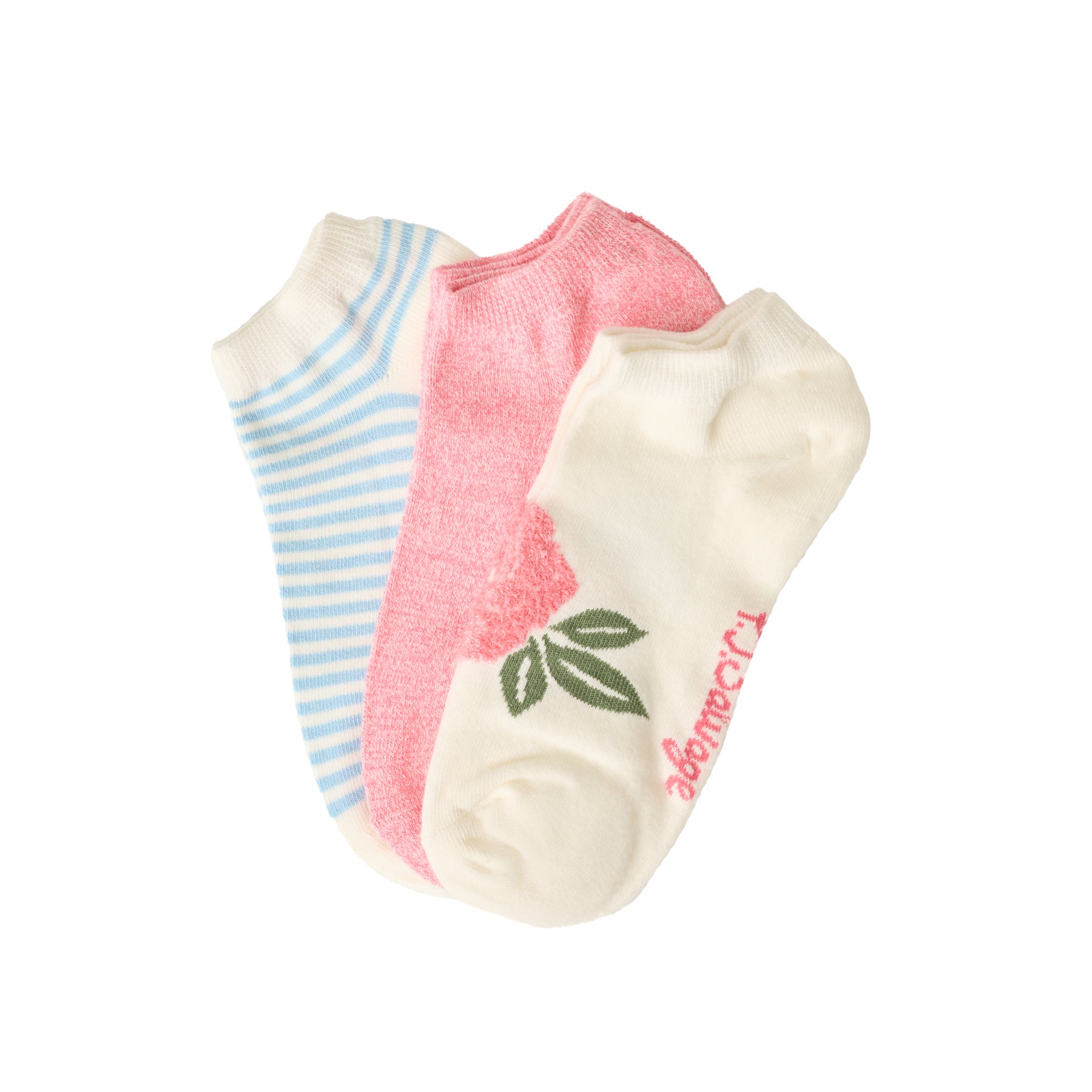 Three-pack women’s ankle socks in ivory with pink rose print, blue and white stripe pattern, and solid pink textured design – style PJ37907WW.