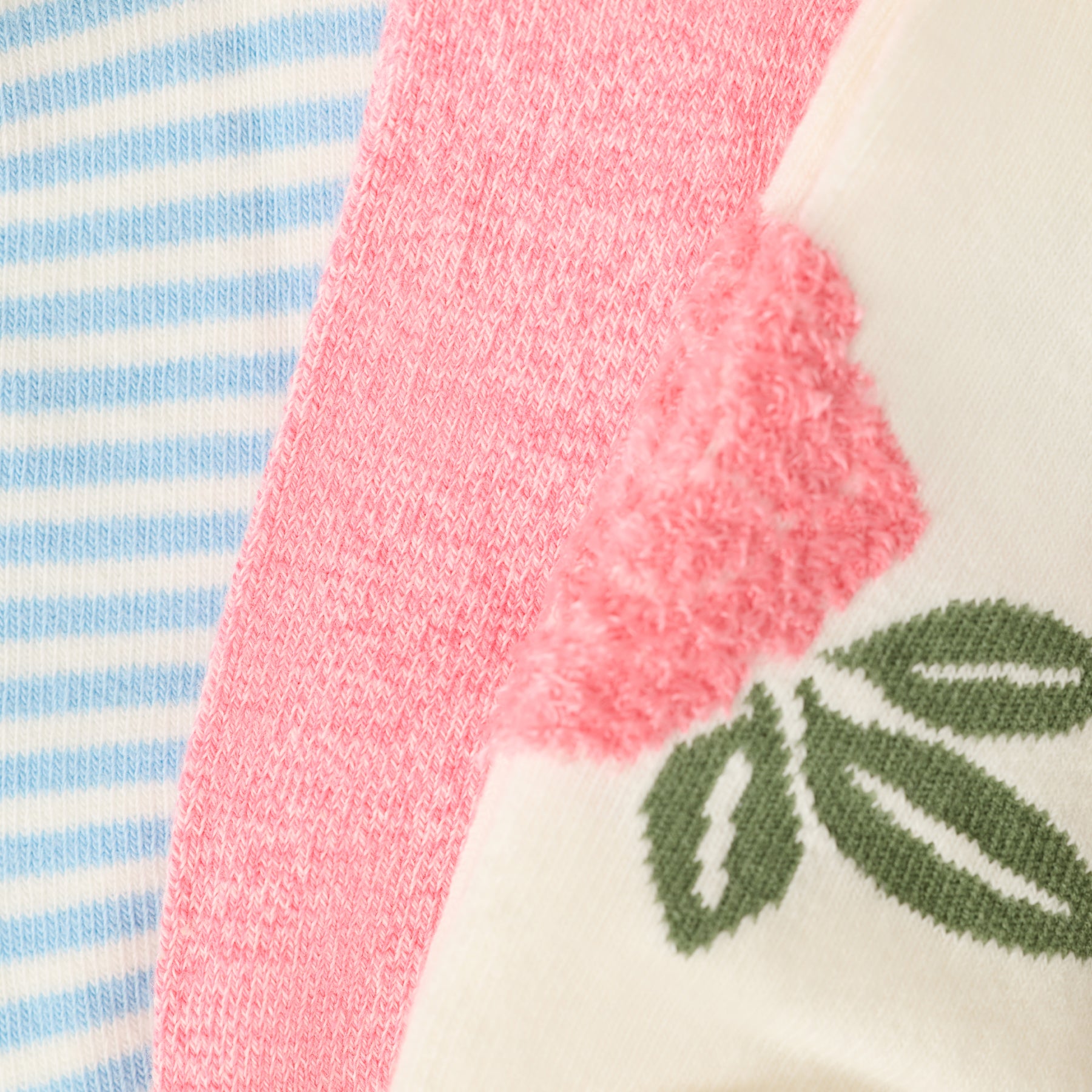 Close-up detail of ivory ankle socks with pink rose motif, green leaves and blue stripe pattern showing knit texture – style PJ37907WW.