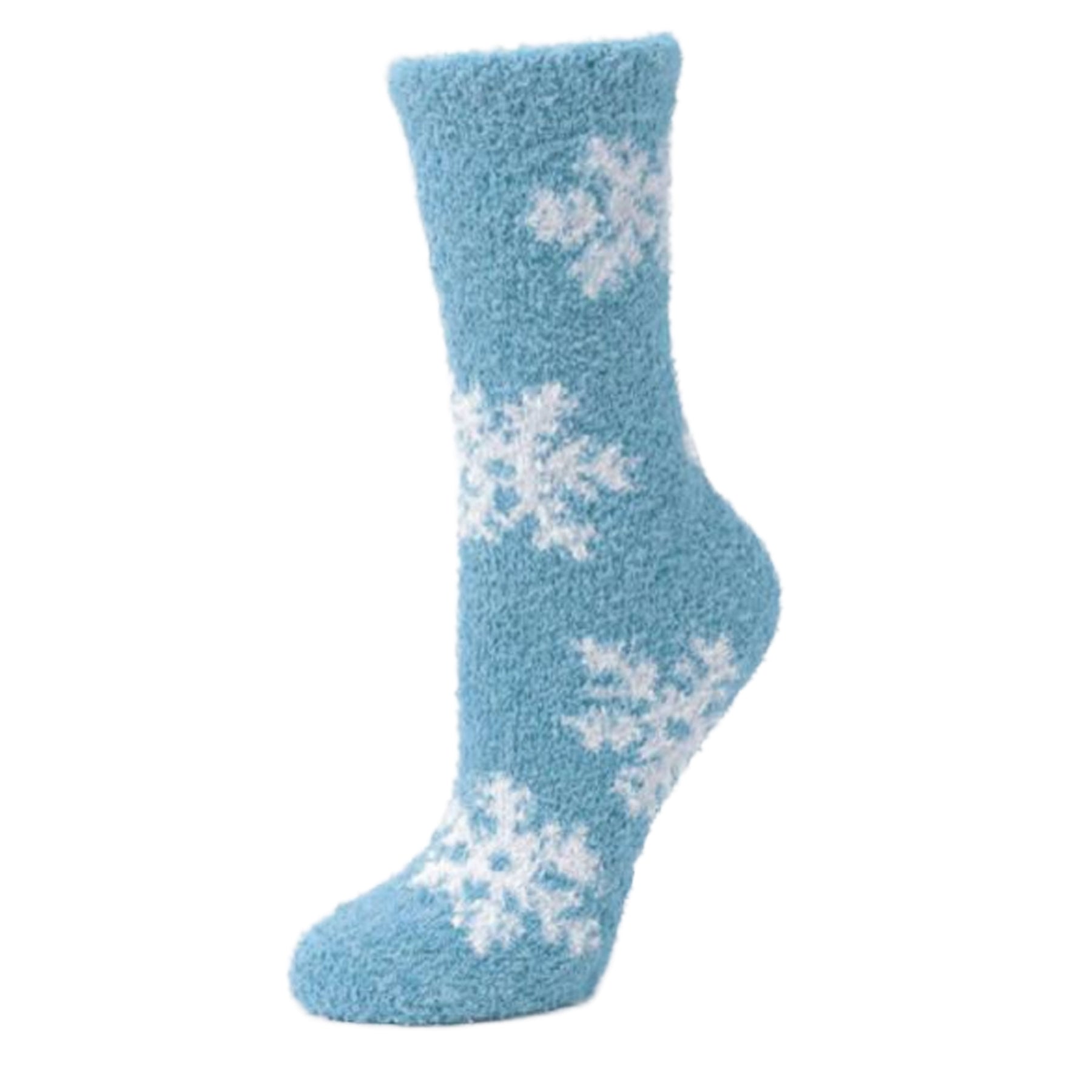 Blue fuzzy crew sock with white snowflake design, shown against a white background.