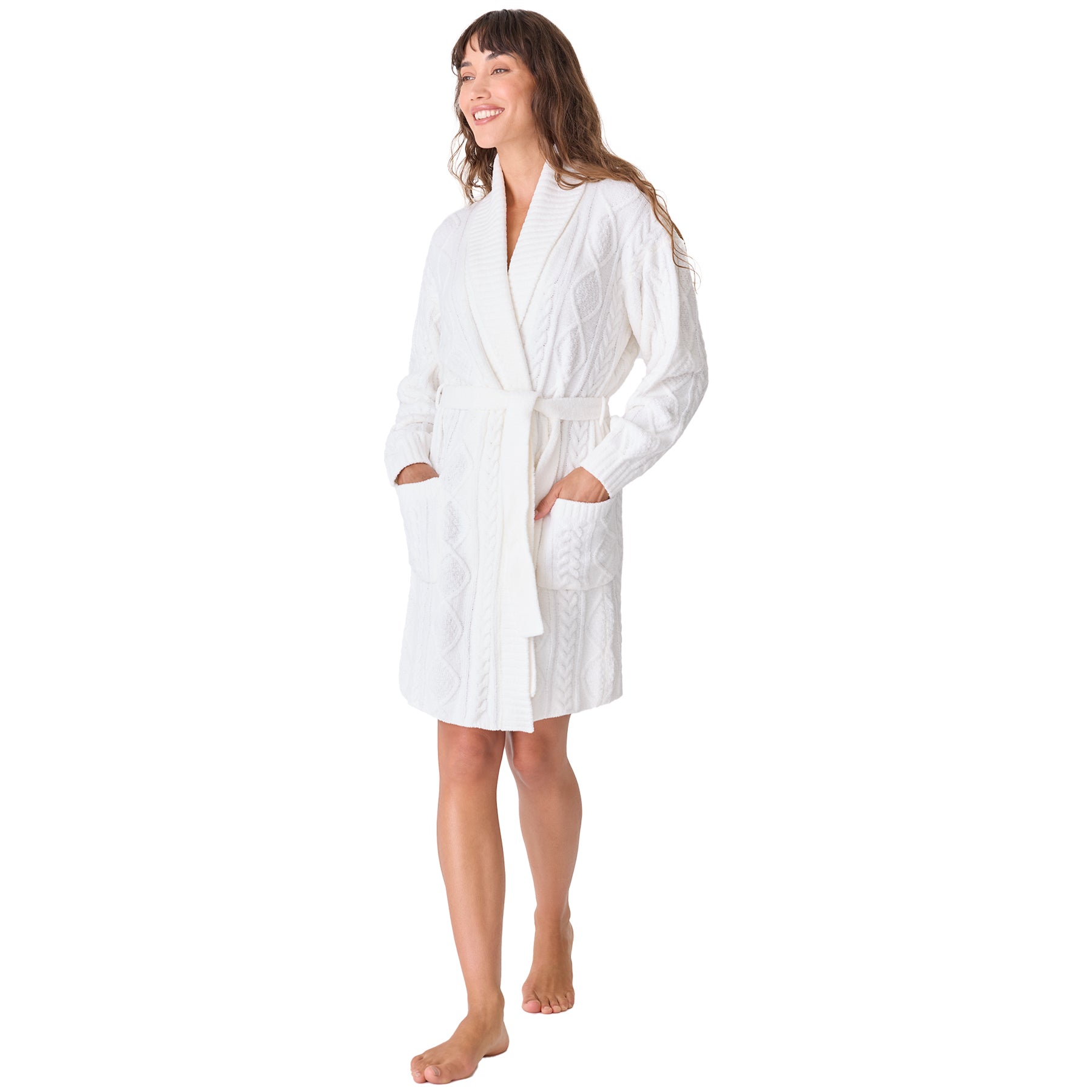 PJ Salvage chunky cable knit short wrap robe in ivory with waist tie. Front view on model.