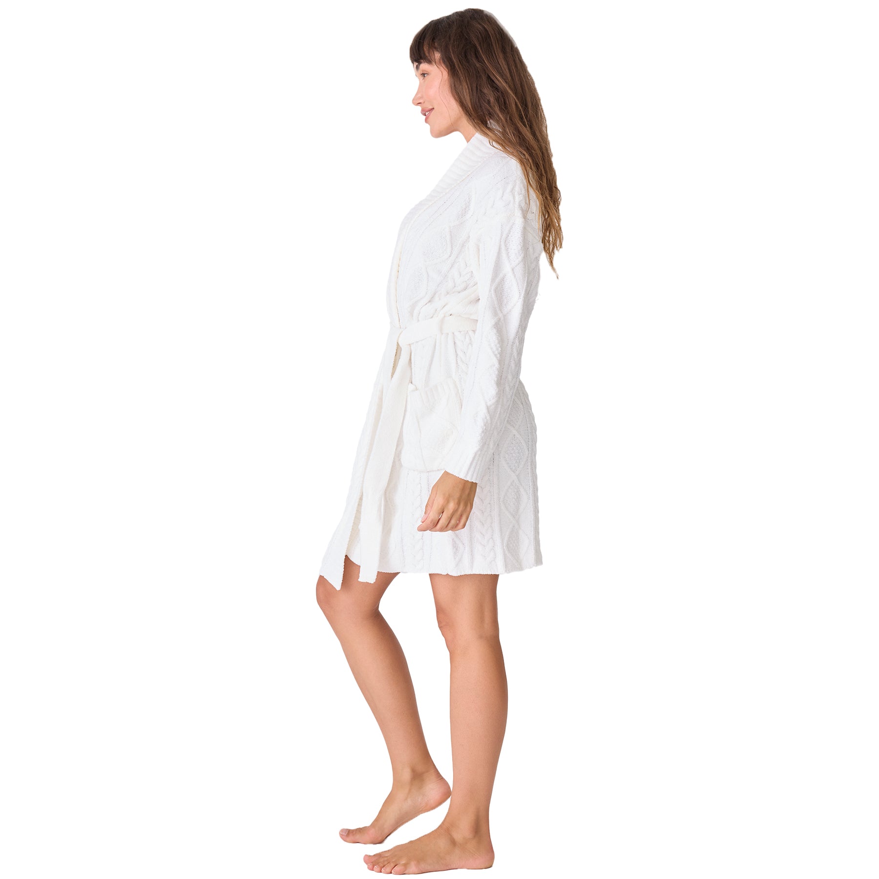 PJ Salvage chunky cable knit short wrap robe in ivory with waist tie. Side view on model.