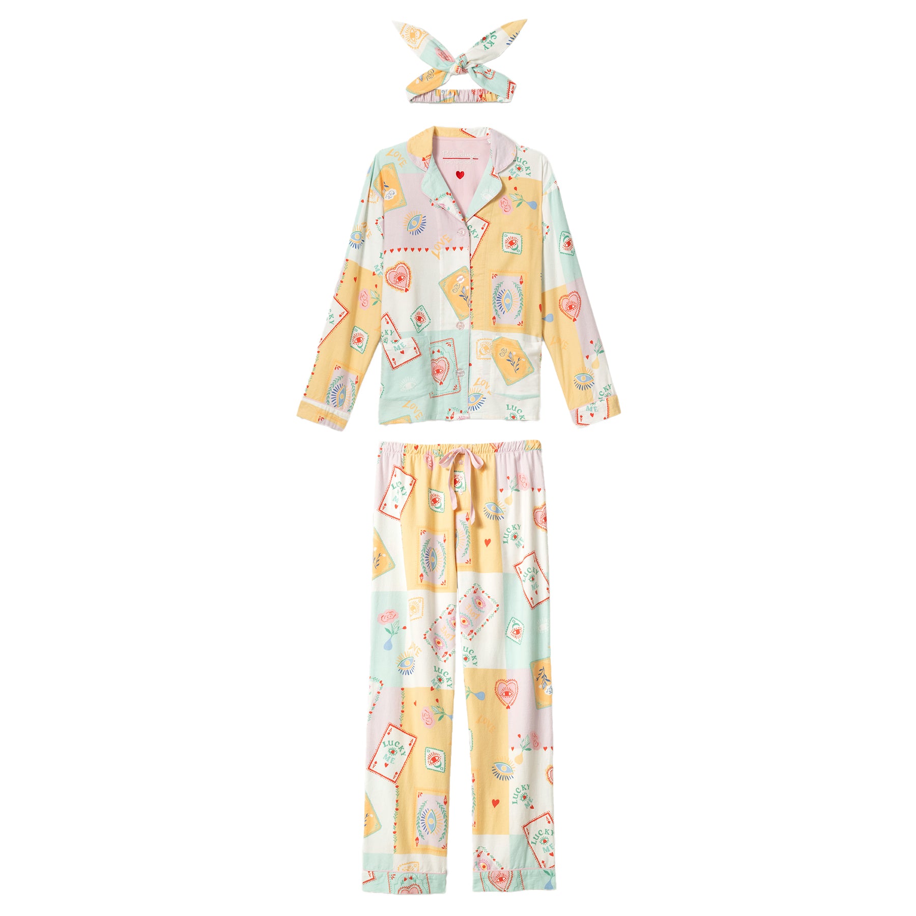 PJ Salvage RUFLPJ flannel pajama set in natural lucky print – top, pants, and matching headband flat lay