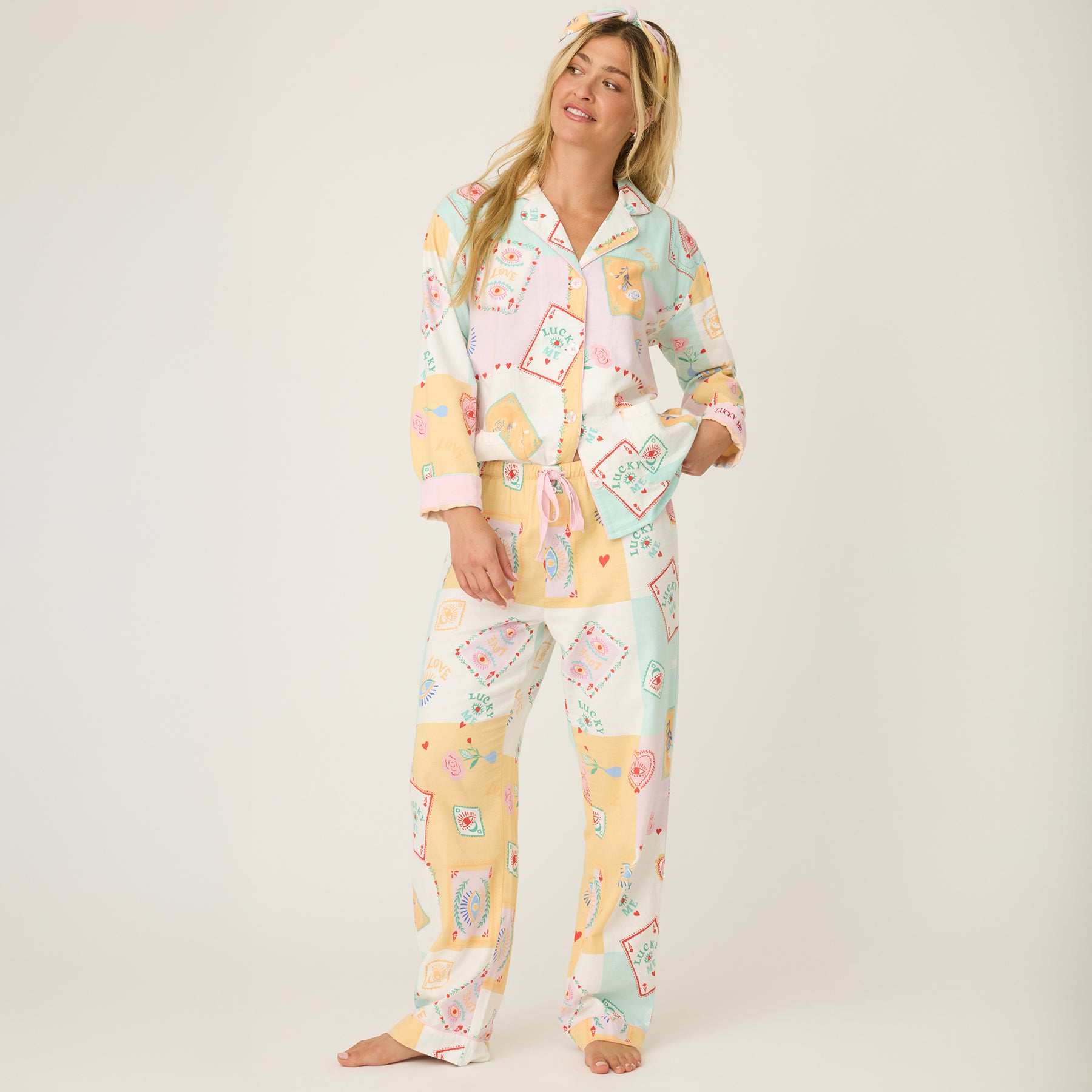 PJ Salvage RUFLPJ women’s flannel sleep set natural lucky – front view with button-up shirt and drawstring pants