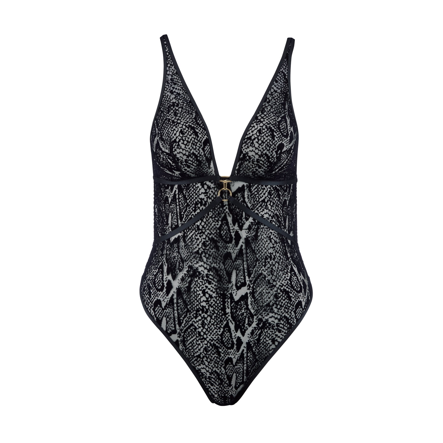 A snake-print lace bodysuit with a plunging neckline, gold waist detail, and intricate cutouts, styled with adjustable straps at the back.