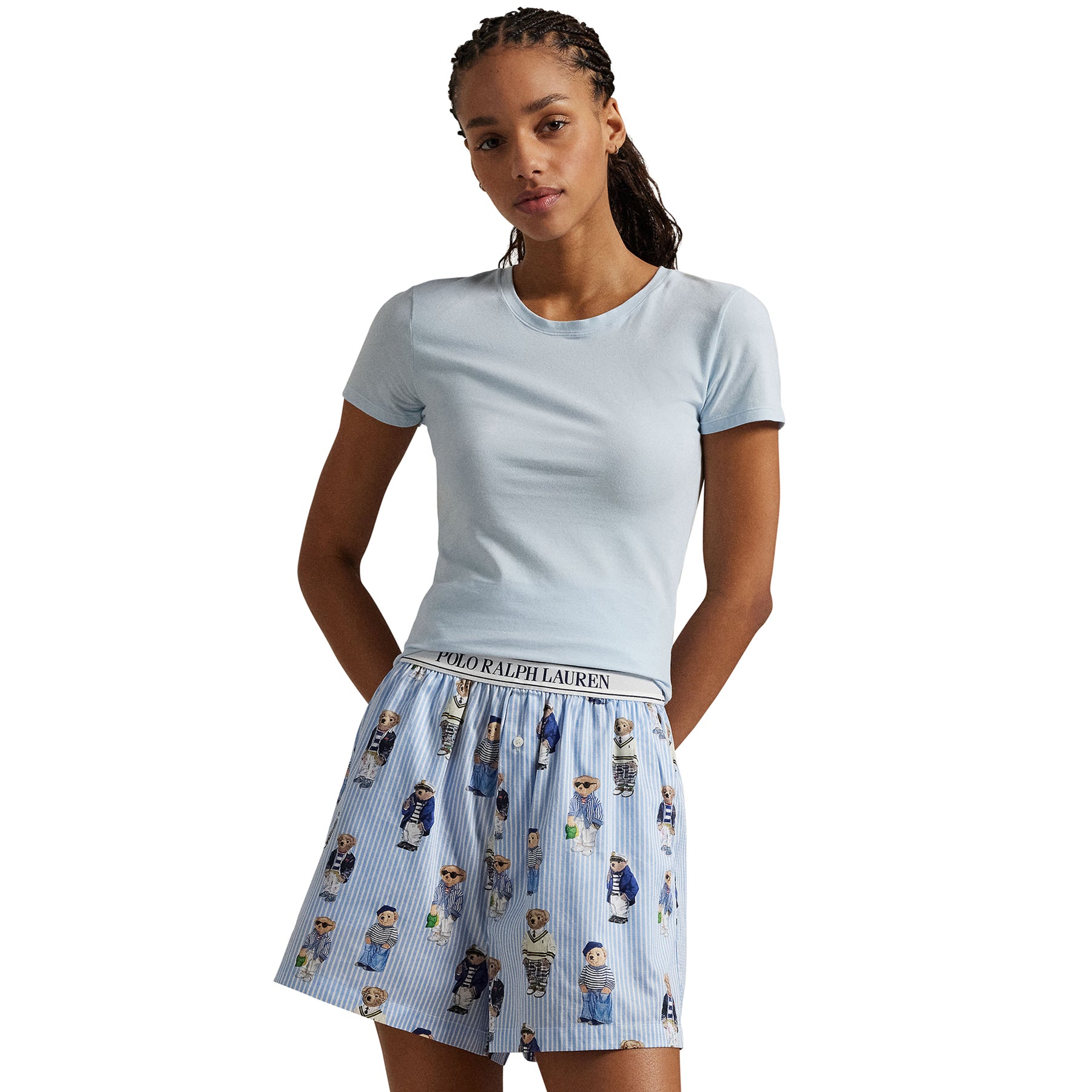 Model wearing Polo Ralph Lauren Bear Print Sleep Boxer with logo waistband, front full-body view