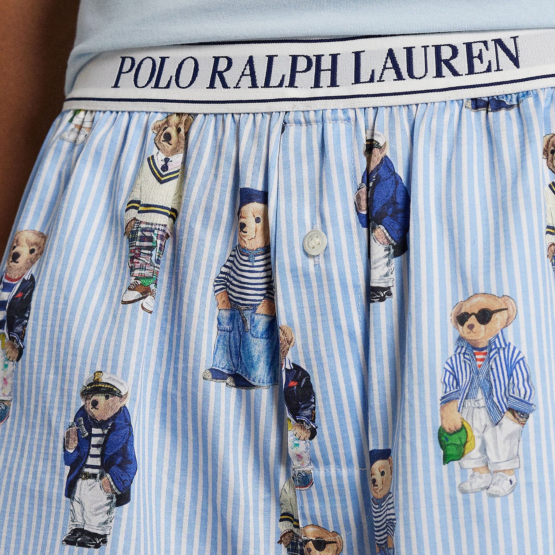 Close-up of Polo Ralph Lauren Bear Print Sleep Boxer fabric and waistband detail